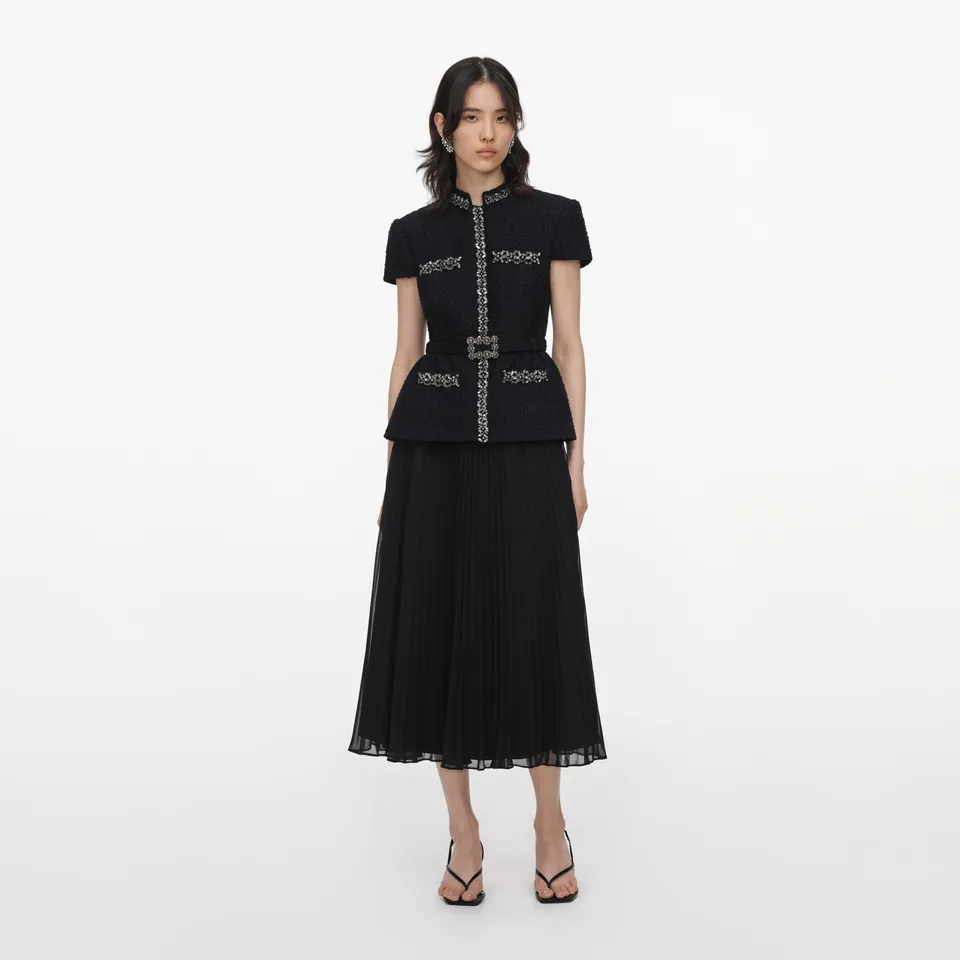 Self Portrait Black Boucle Crystal Midi Kleid Schwarz UK 10 Chiffon