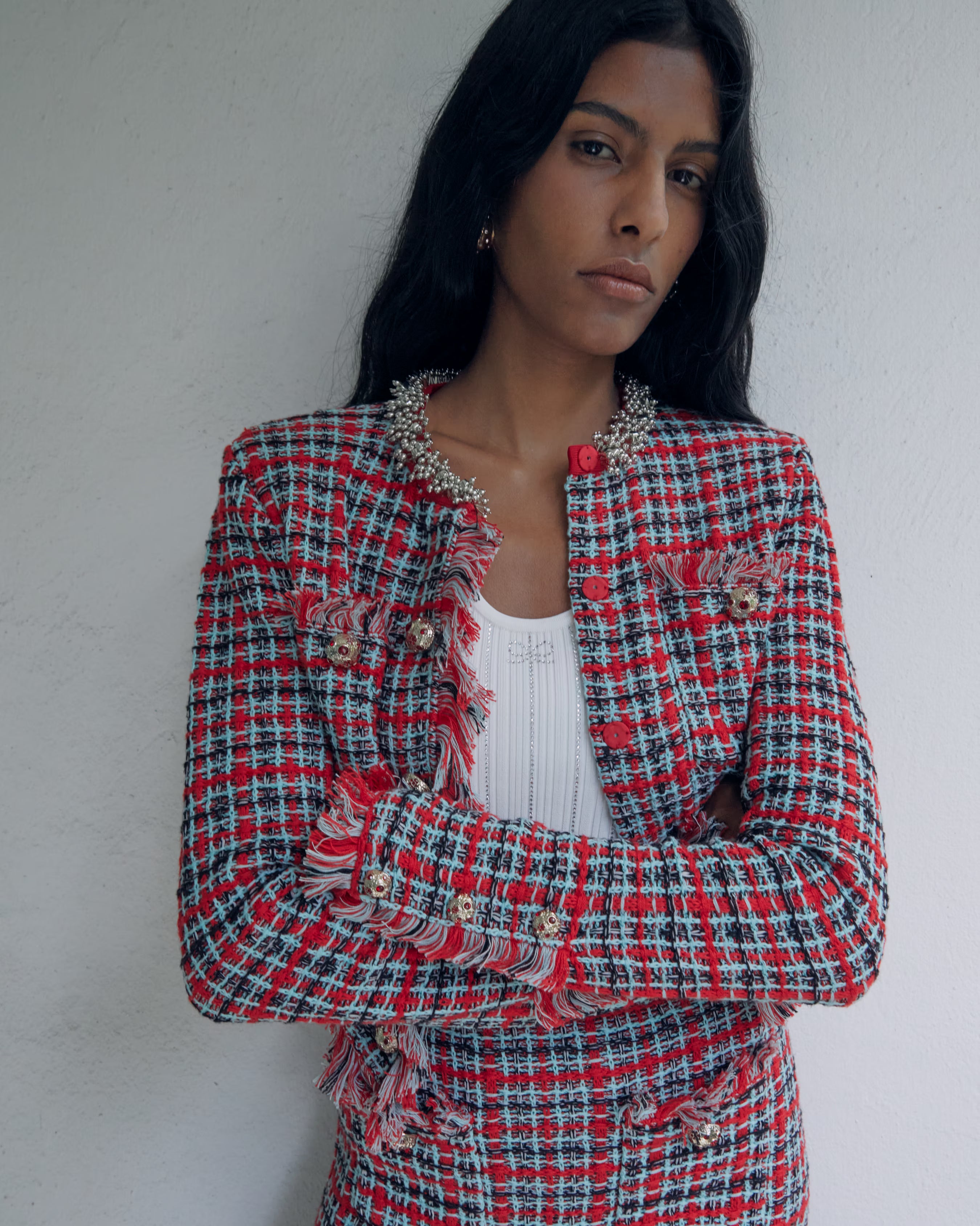 Self Portrait Red Check Frayed Knit Midi Rock Rot
