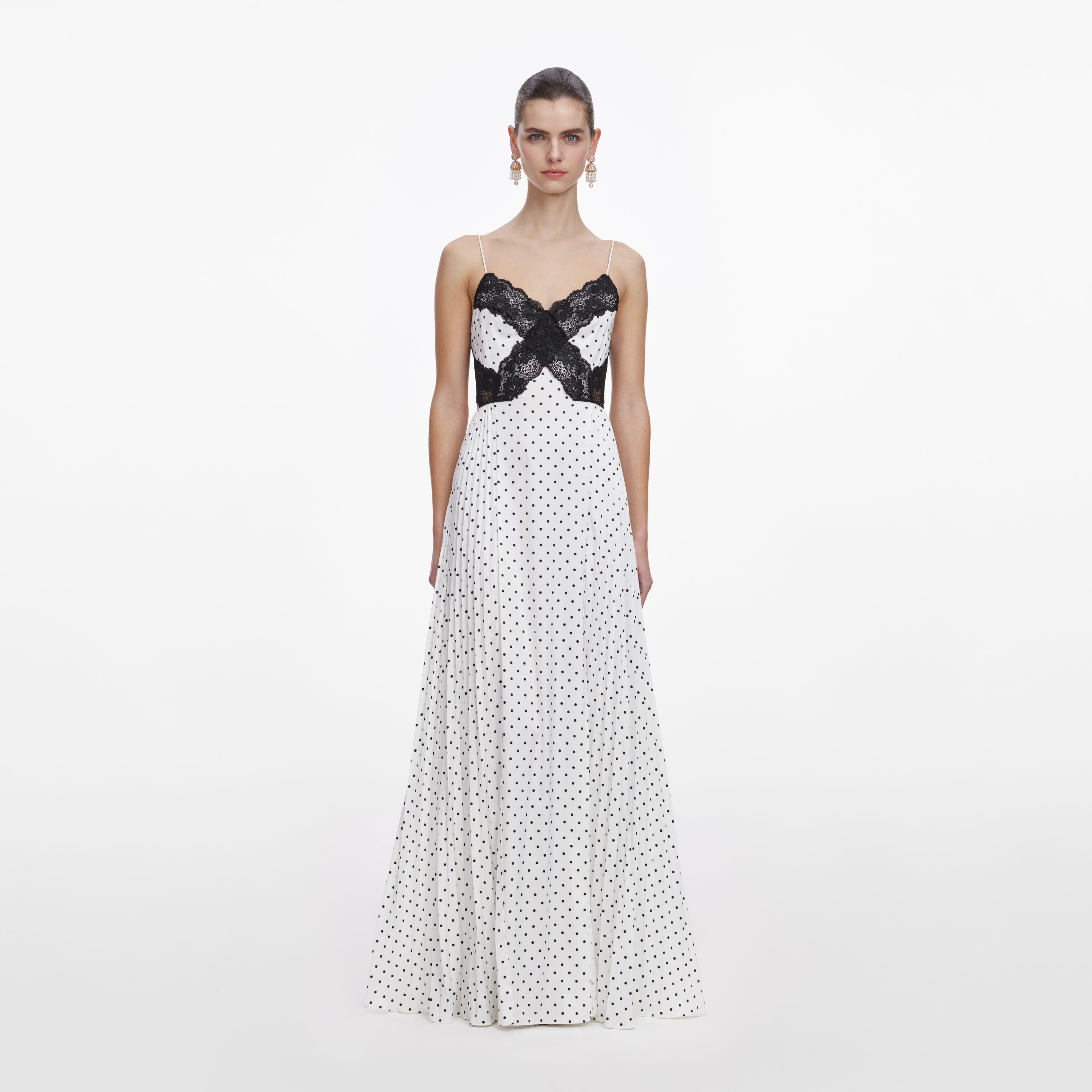Self Portrait White Polka Dot Satin Maxi Kleid Weiß