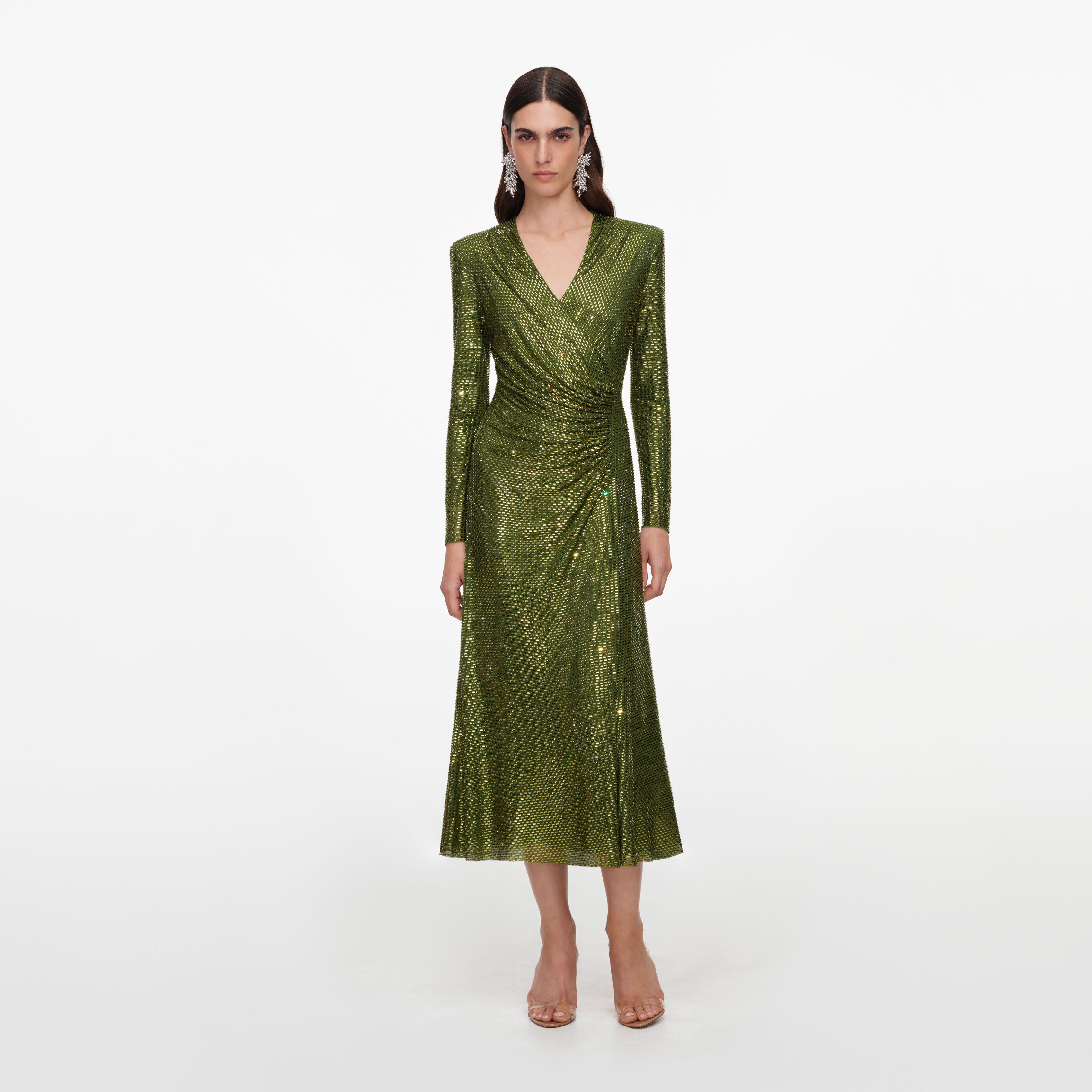 Self Portrait Olive Rhinestone Wrap Midikleid Grün UK 10 Strass