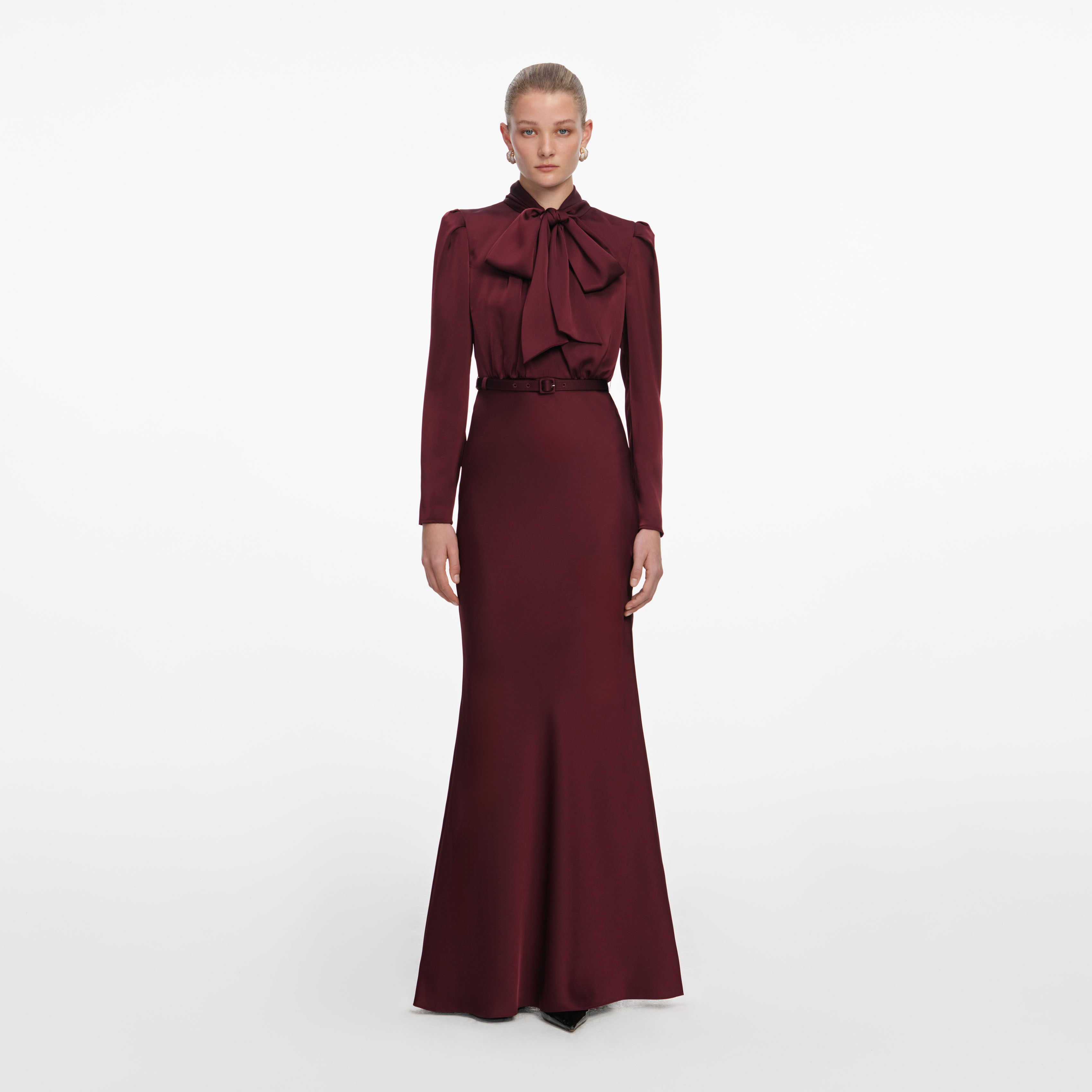 Self Portrait Burgundy Tie Neck Satin Maxi Dress Burgunder UK 8