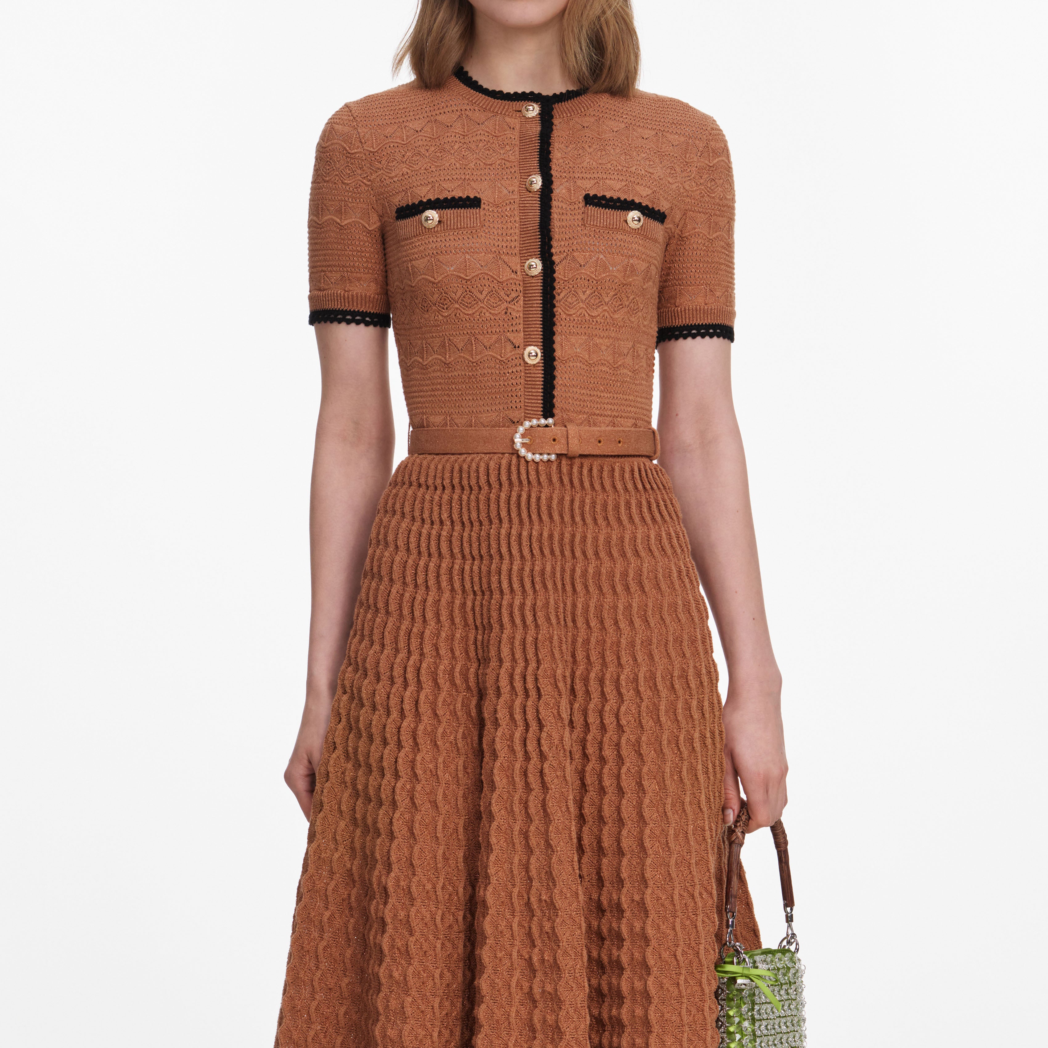 Self Portrait Pointelle Midi Kleid braun Strick Gürtel
