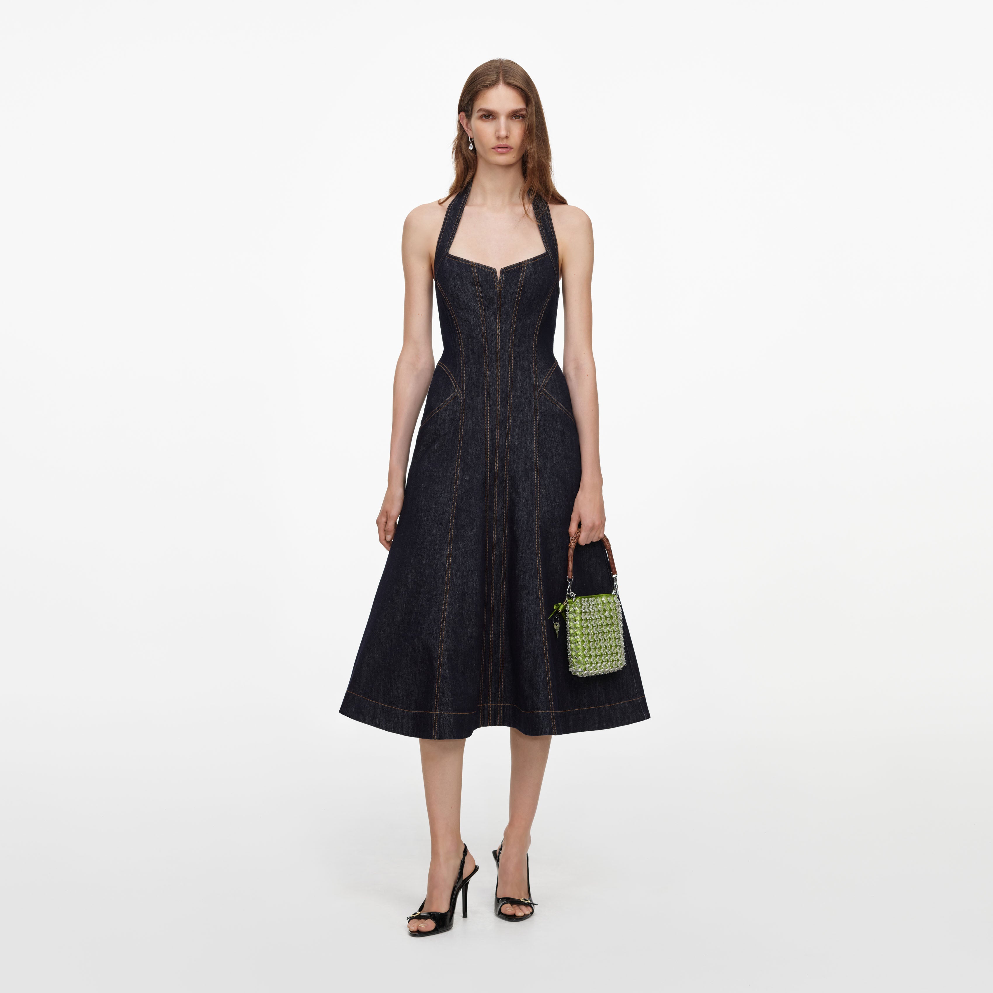 Self Portrait Halterneck Midikleid Indigo Denim Blau
