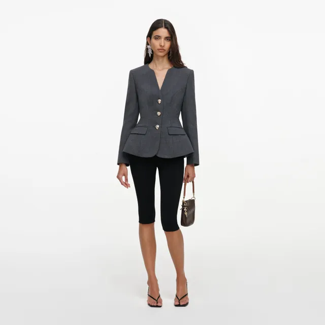 Self Portrait Grey Wool Collarless Jacke Grau UK 8 Wolle