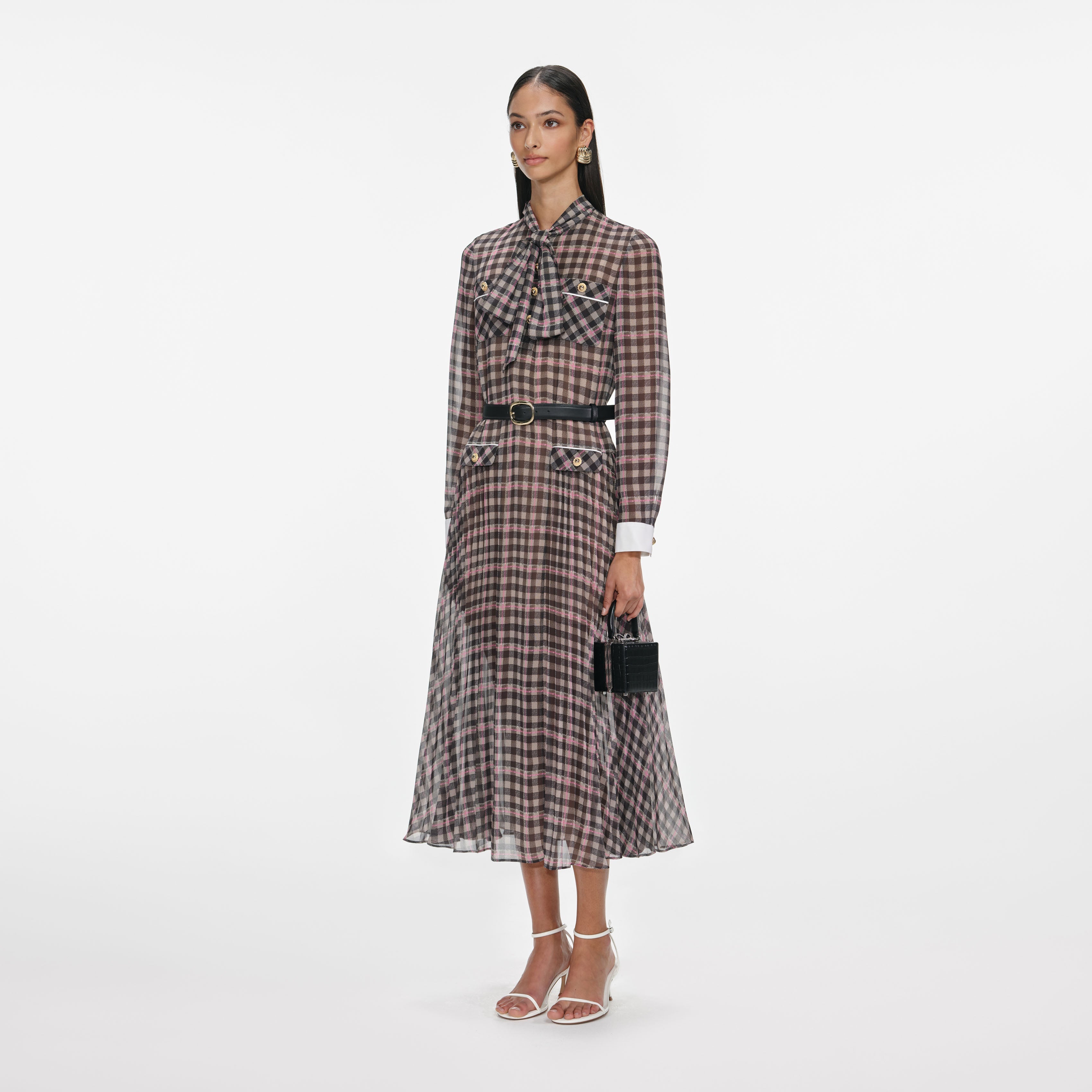 Self Portrait Brown Check Chiffon Midi Kleid Braun