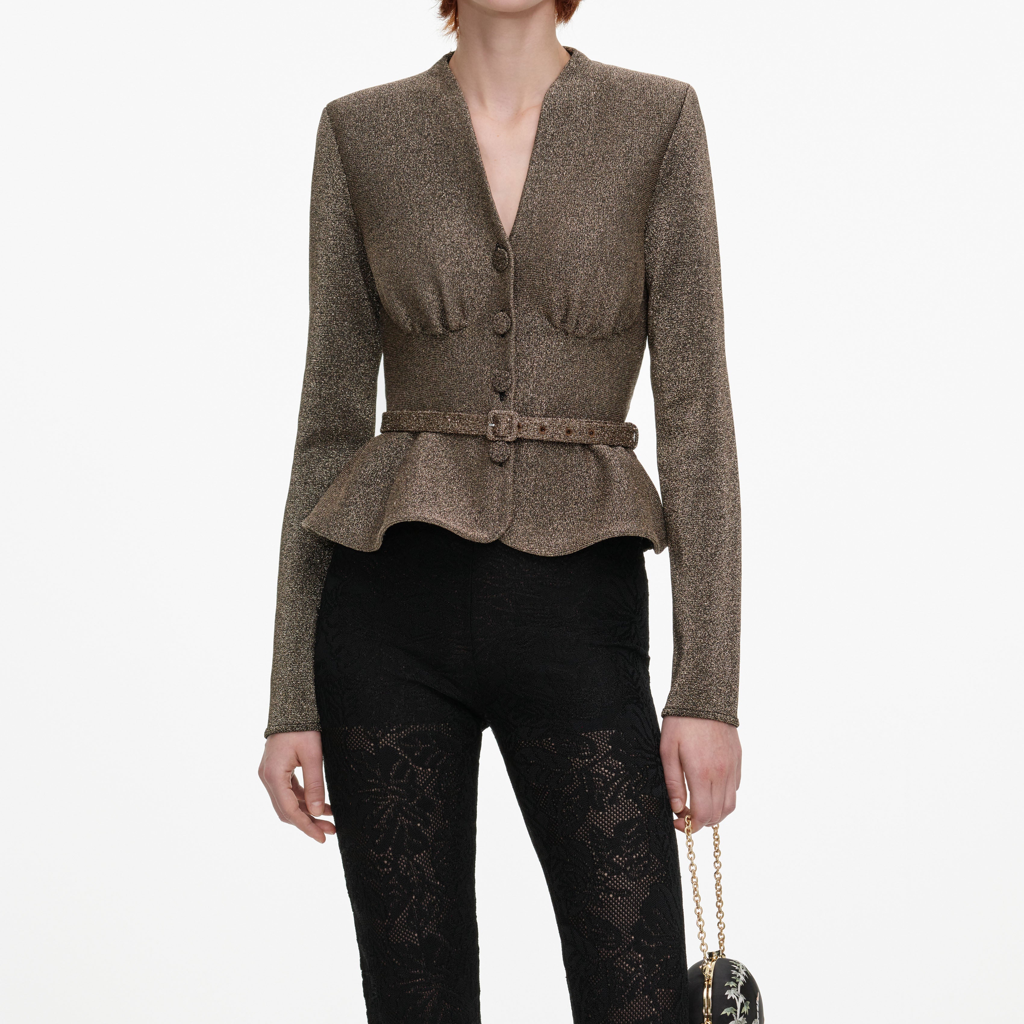 Self Portrait Bronze Tailored Knit Stricktop Bronze V-Ausschnitt