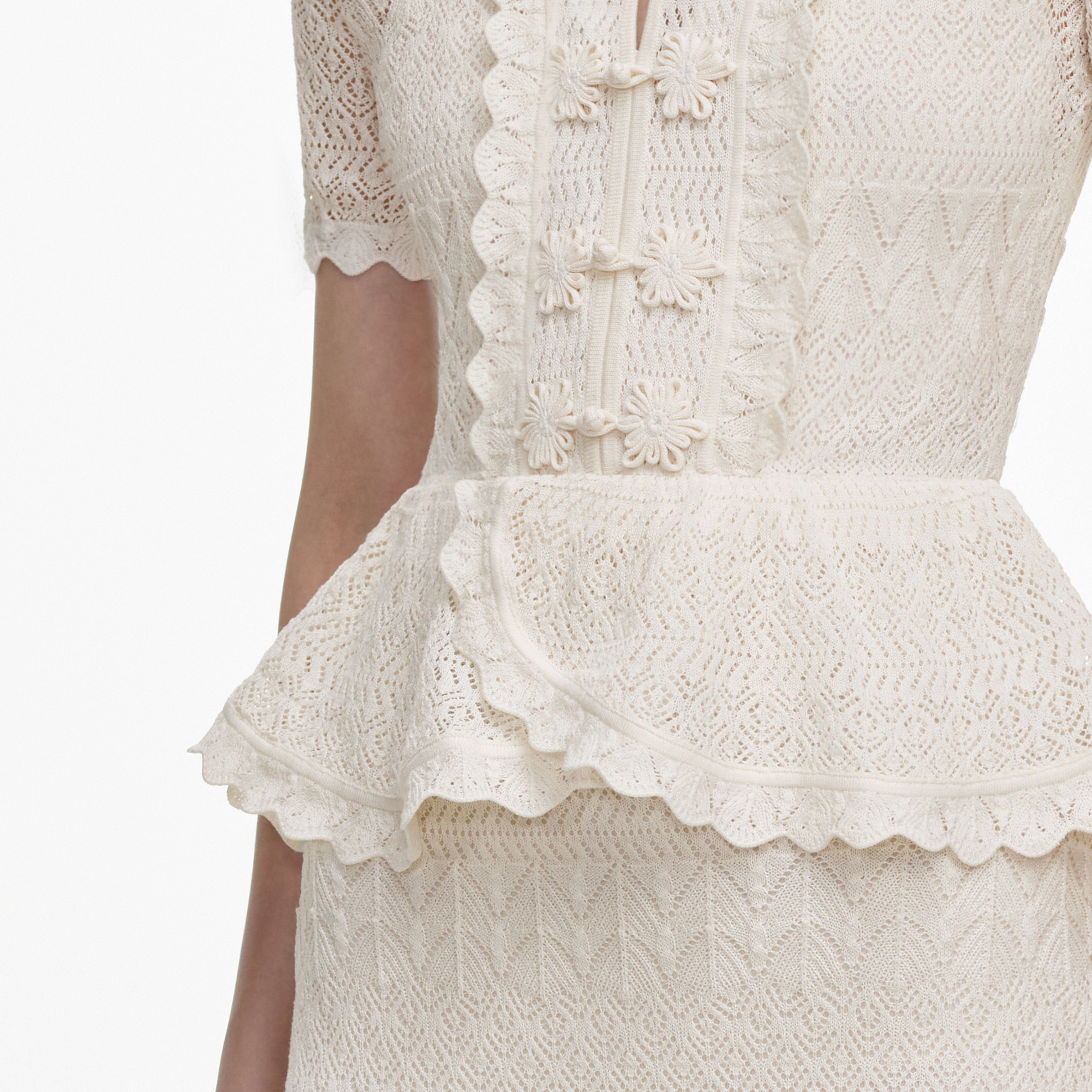 Self Portrait Cream Pointelle Knit Wrap Midi Kleid Creme
