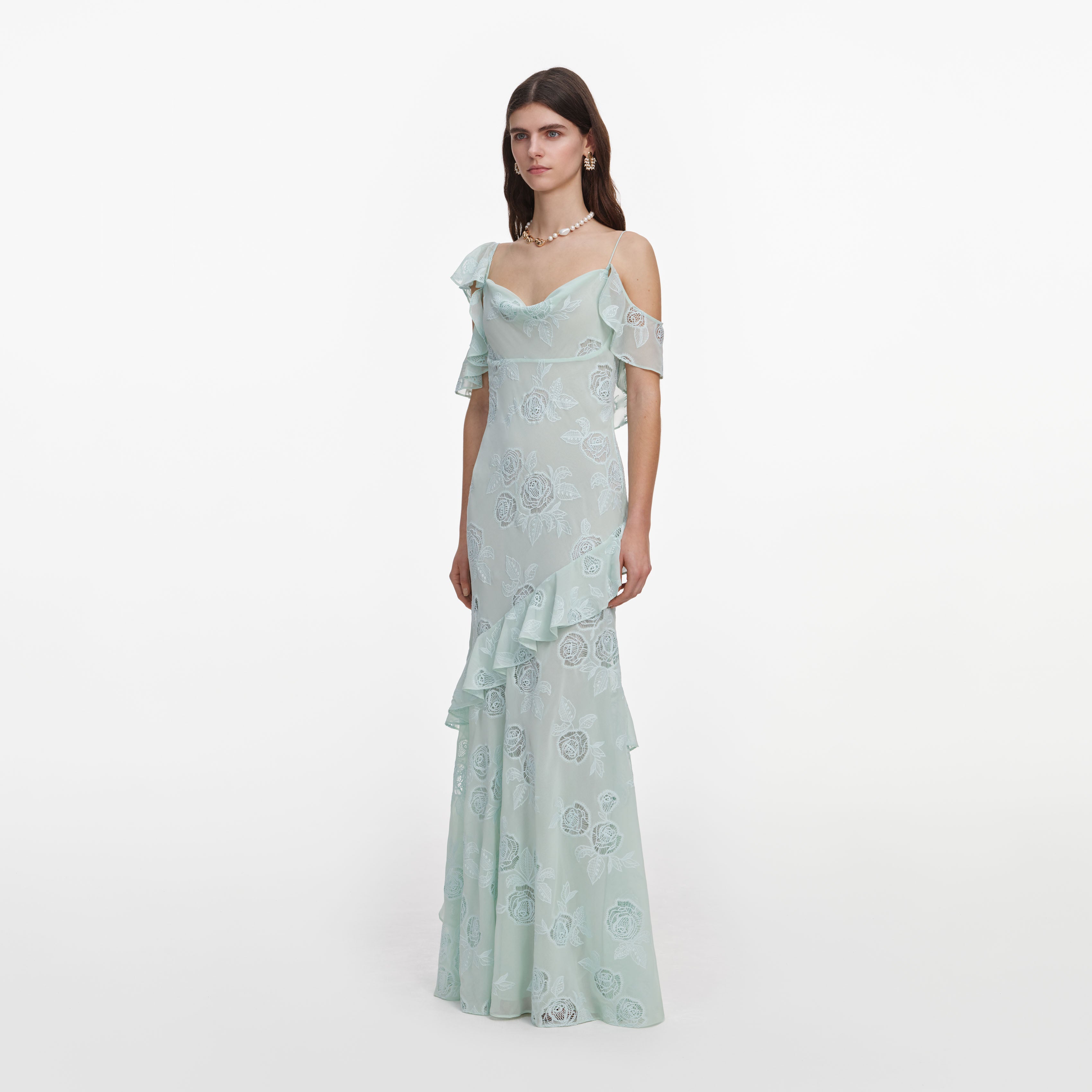 Self Portrait Mint Georgette Maxikleid One-Shoulder