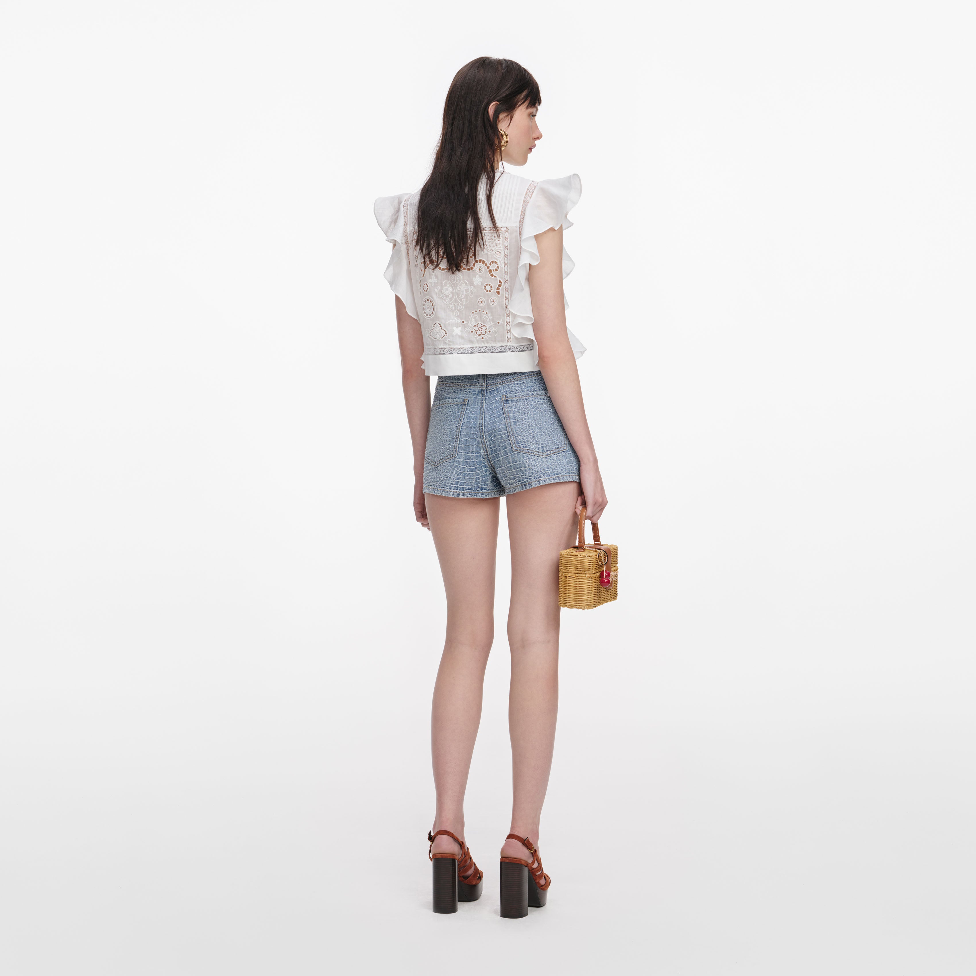 Self Portrait Ramie Lace Top Bluse Weiß Rüschen Cropped