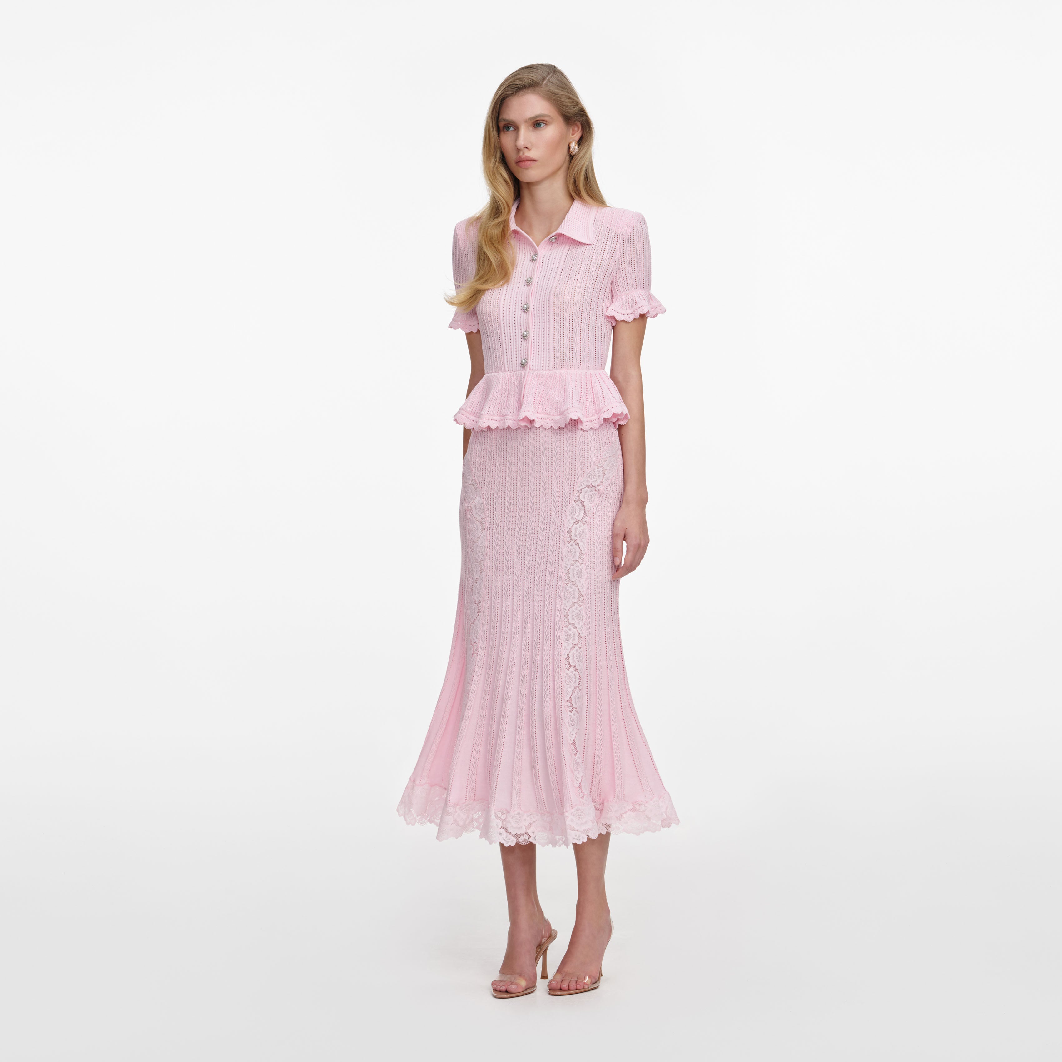 Self Portrait Pink Pointelle Peplum Knit Midi Dress Strickkleid Rosa