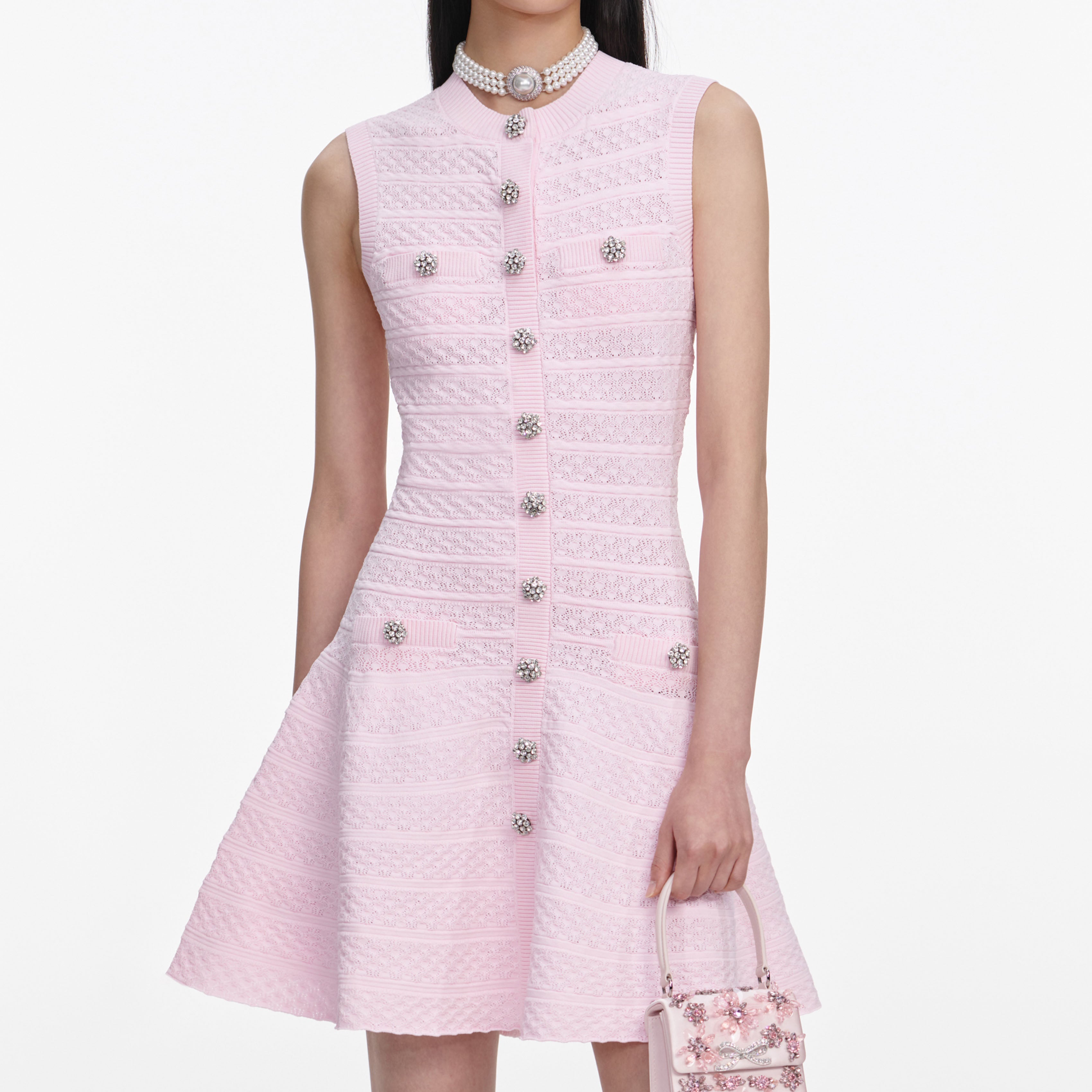 Self Portrait Pink Pointelle Diamante Knit Mini Kleid Rosa