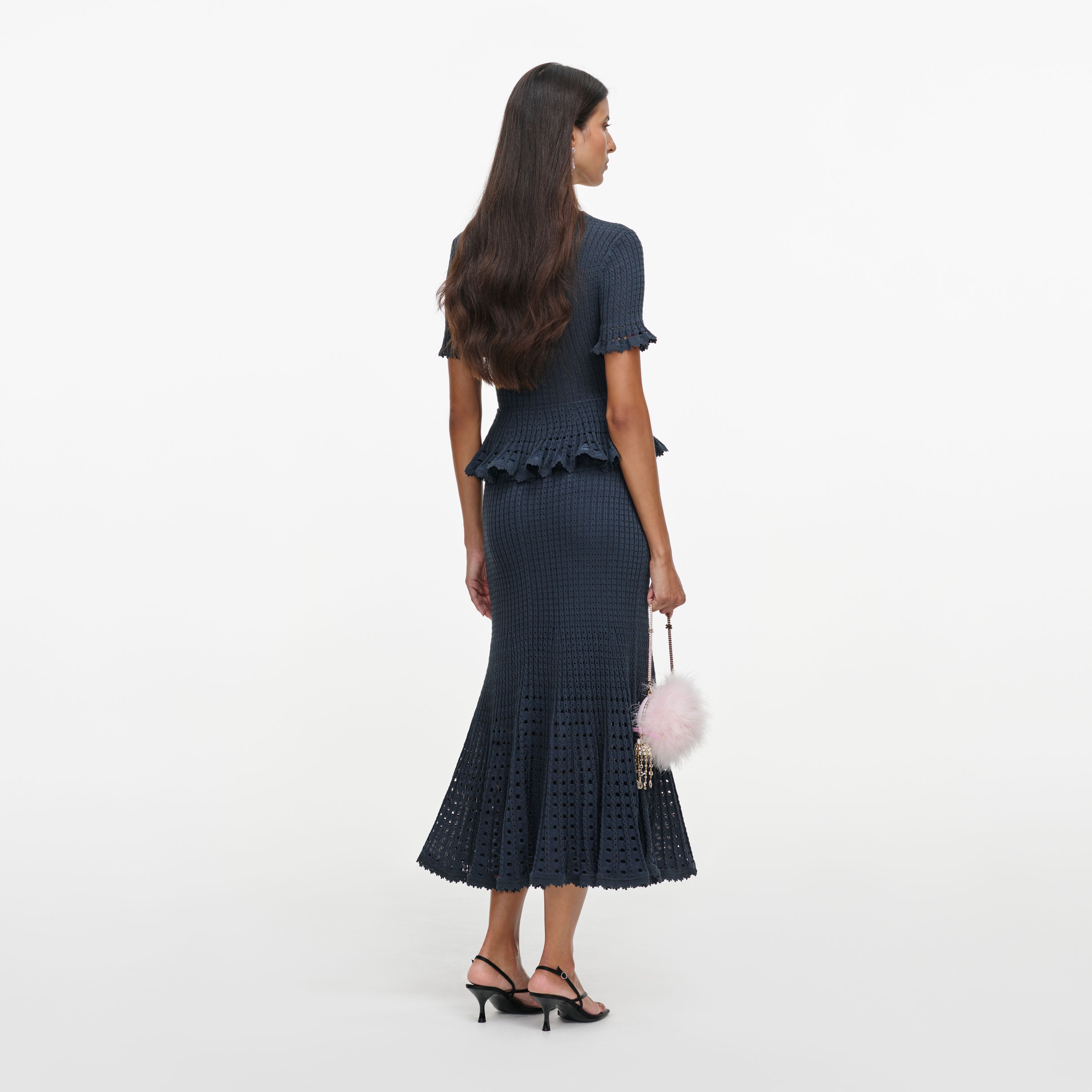 Self-Portrait Grey Pointelle Peplum Knit Midi Kleid Grau
