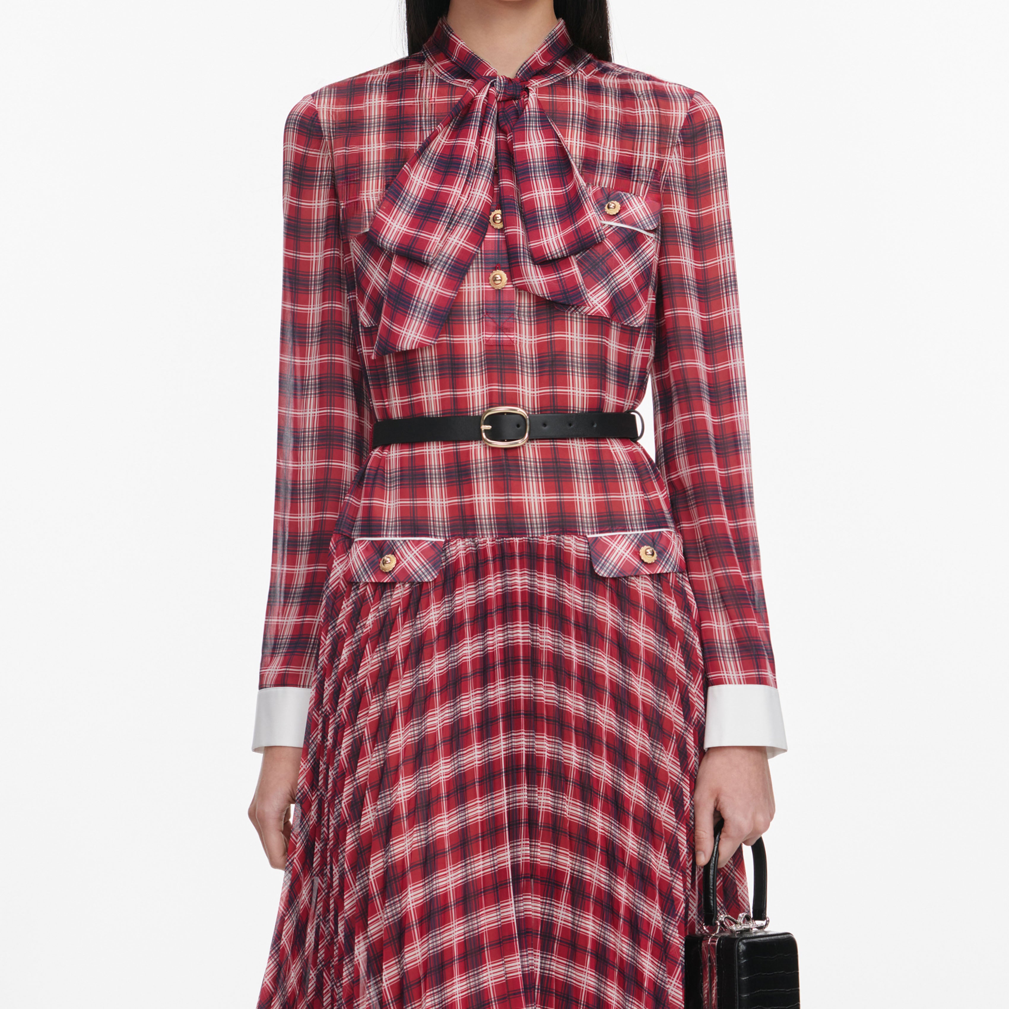 Self Portrait Burgundy Check Chiffon Midi Kleid Karo