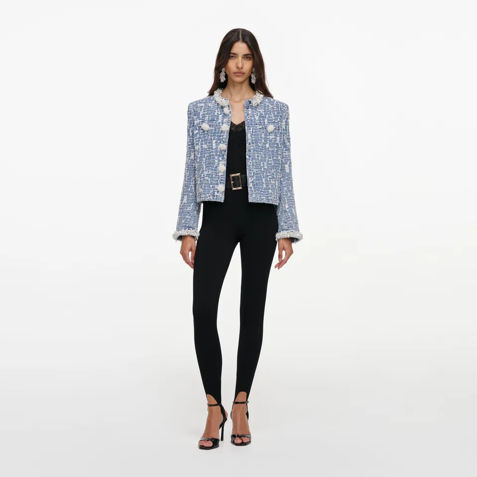 Self Portrait Blue Textured Denim Jacke Blau UK 8 Perlen
