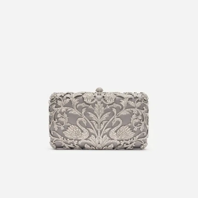 Self Portrait Handbags Clutch Silber Satin Kristall Schwan