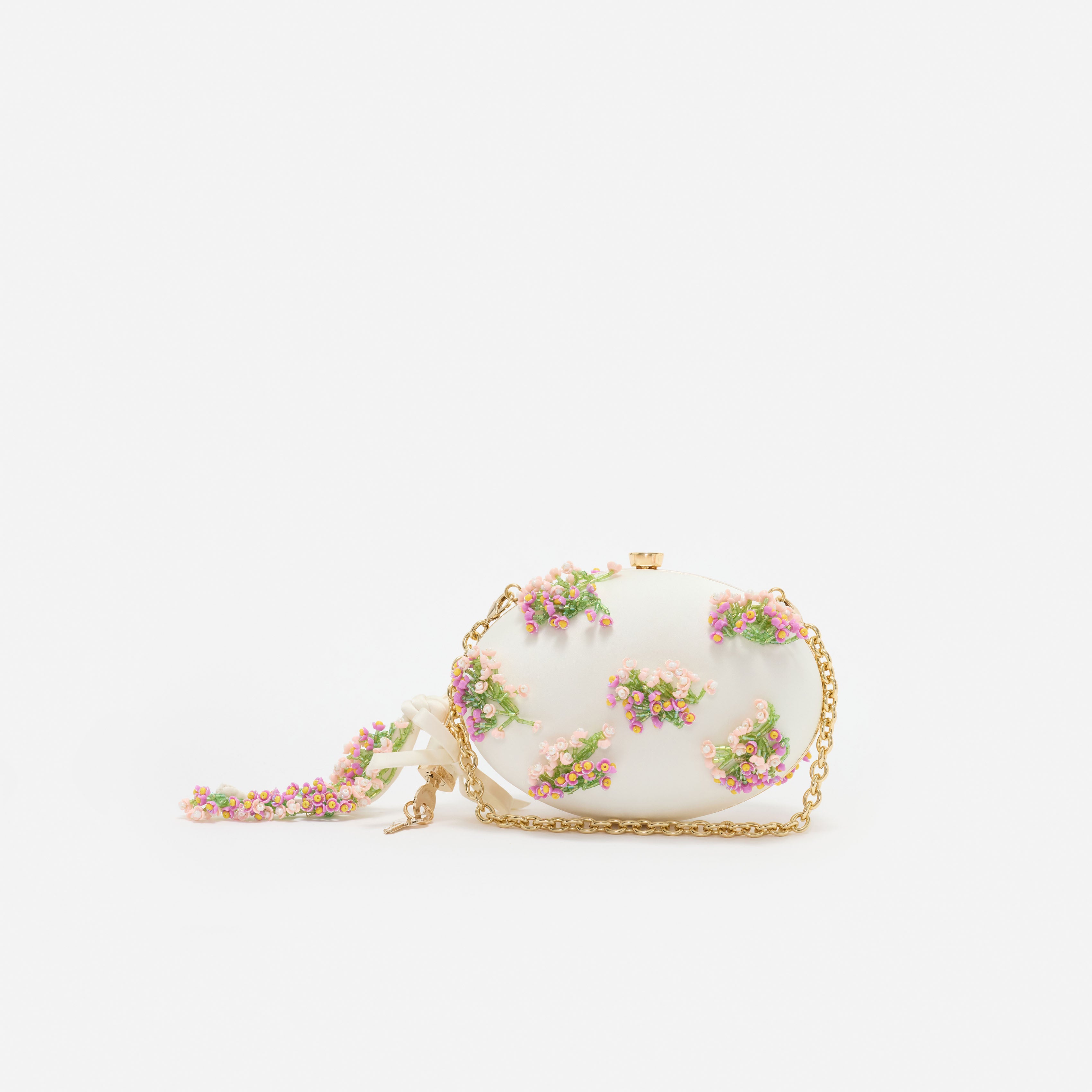 Self Portrait Cream Satin Floral Clutch Creme