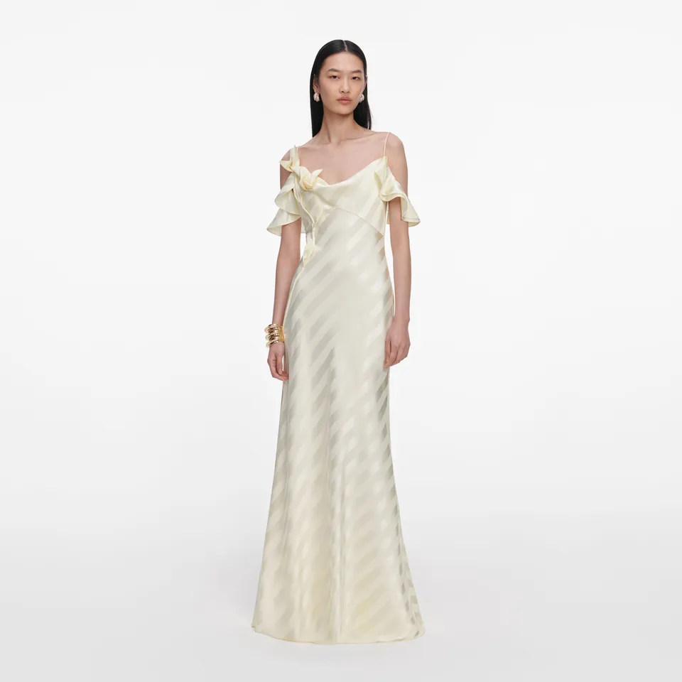 Self Portrait Satin Maxikleid Gelb Streifen Gr. UK 8