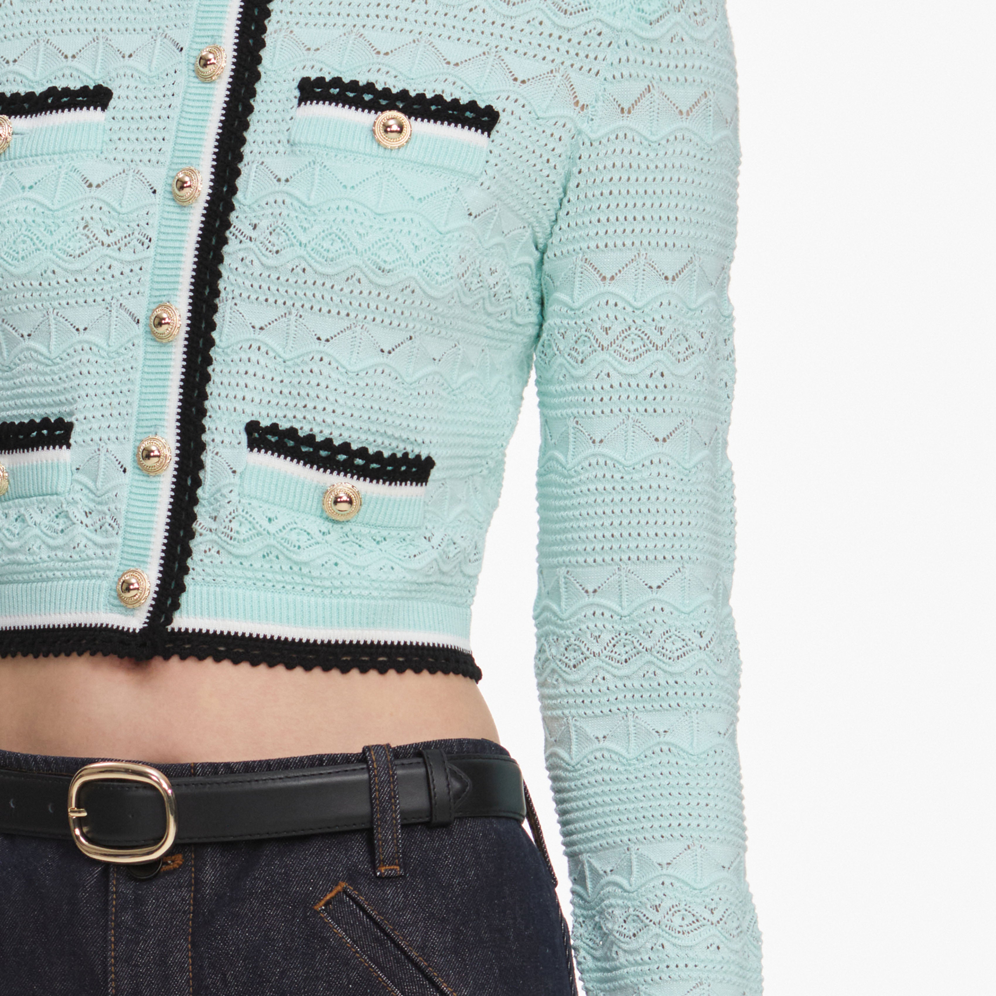 Self Portrait Mint Pointelle Strickjacke Mint Goldknöpfe