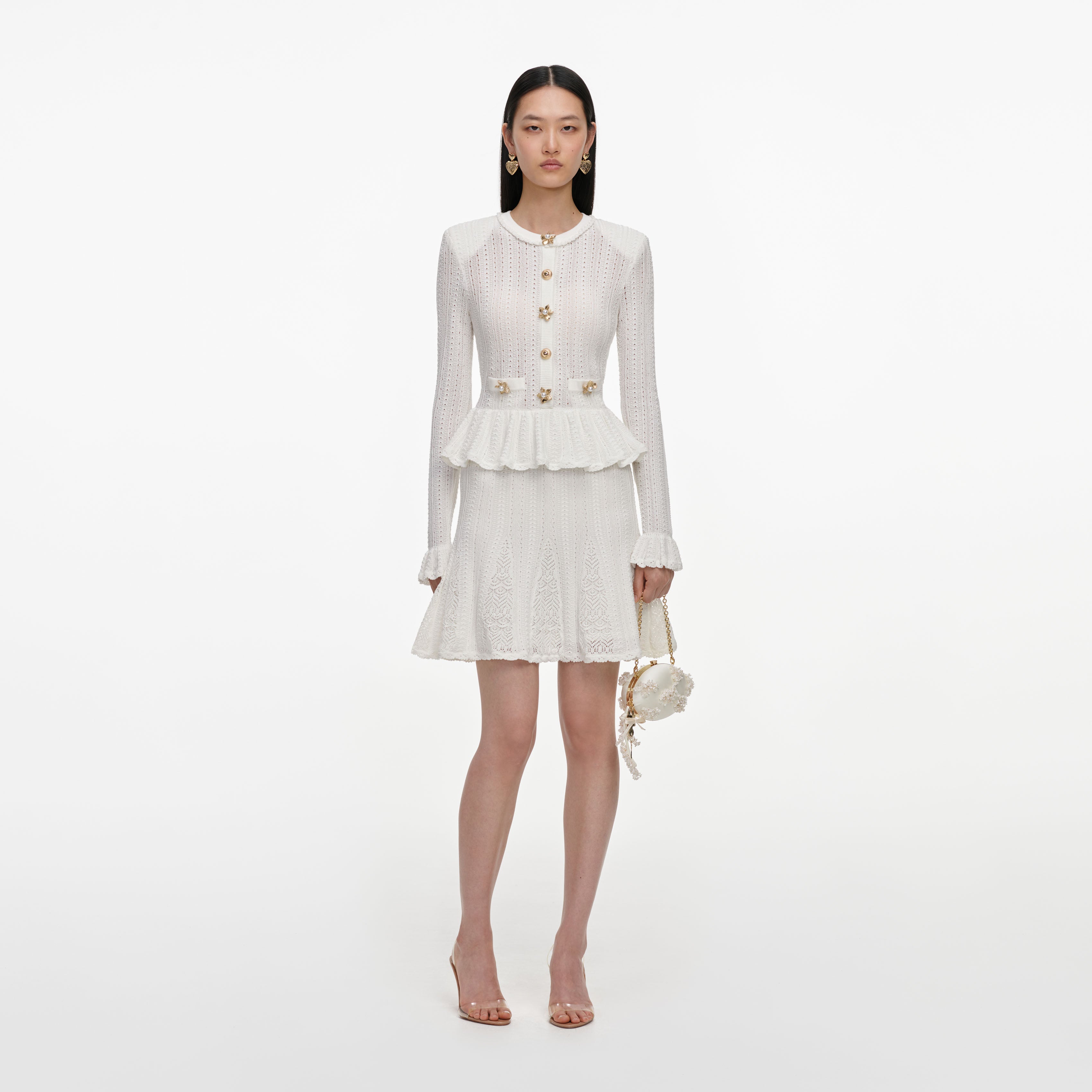 Self Portrait White Pointelle Peplum Strick-Minikleid