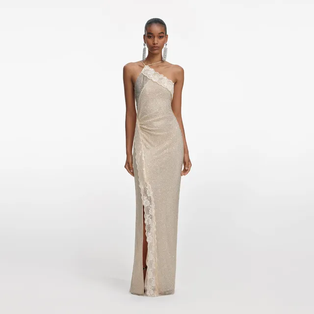 Self Portrait Champagne Rhinestone Maxi Kleid Strass Spitze