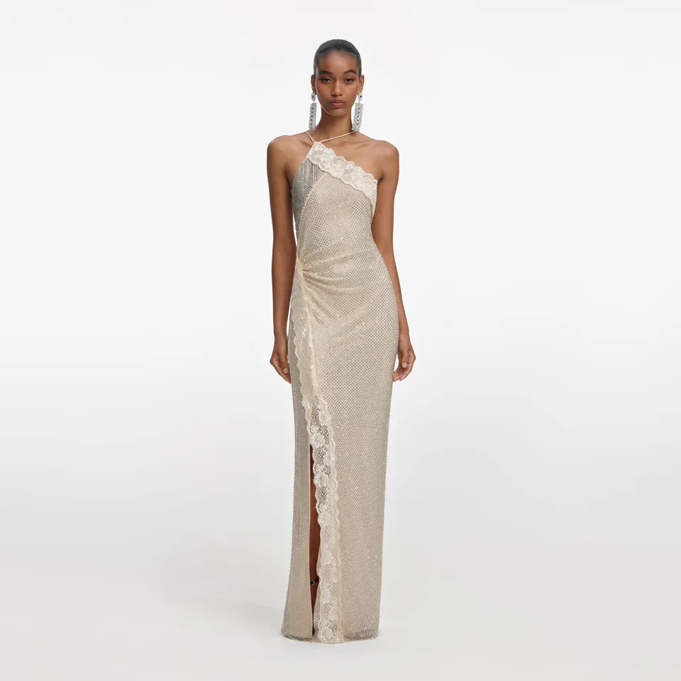 Self Portrait Champagne Rhinestone Maxi Kleid Strass Spitze