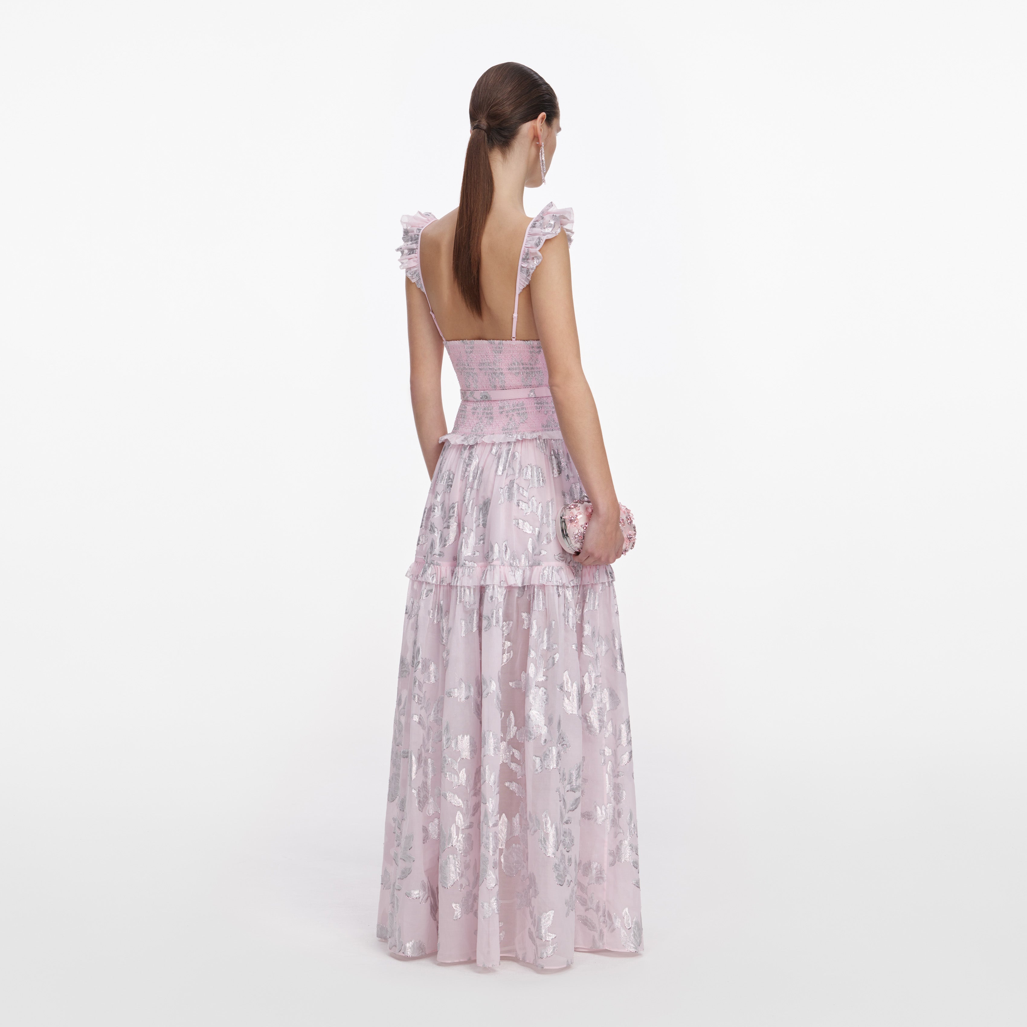 Self Portrait Pink Metallic Chiffon Flower Maxi Dress Pink