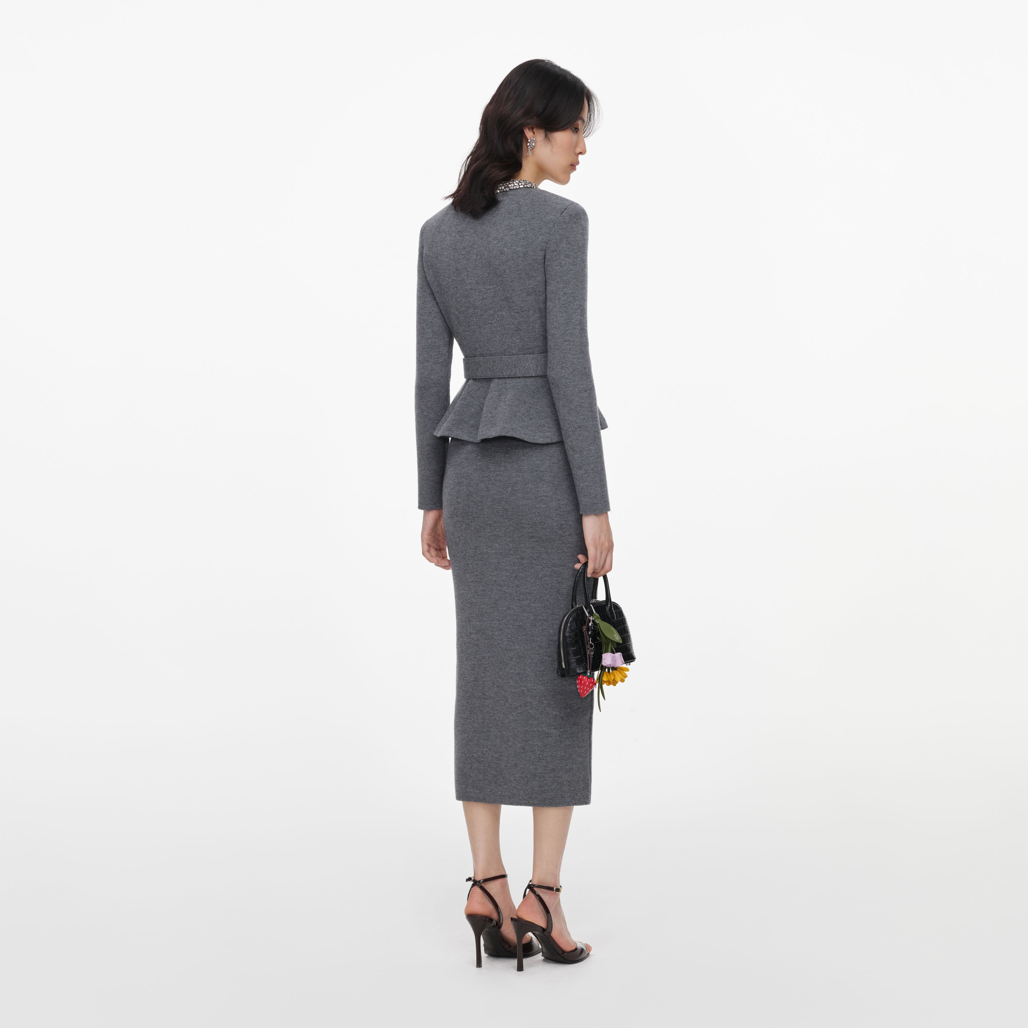 Self Portrait Grey Crystal Trim Midi Kleid Grau Strick Kristall