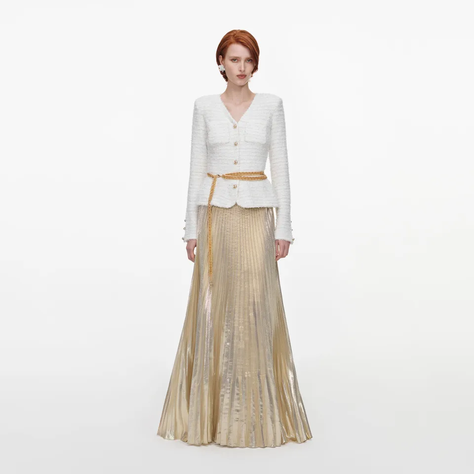 Self Portrait Cream Gold Maxikleid Creme Chiffon Strick