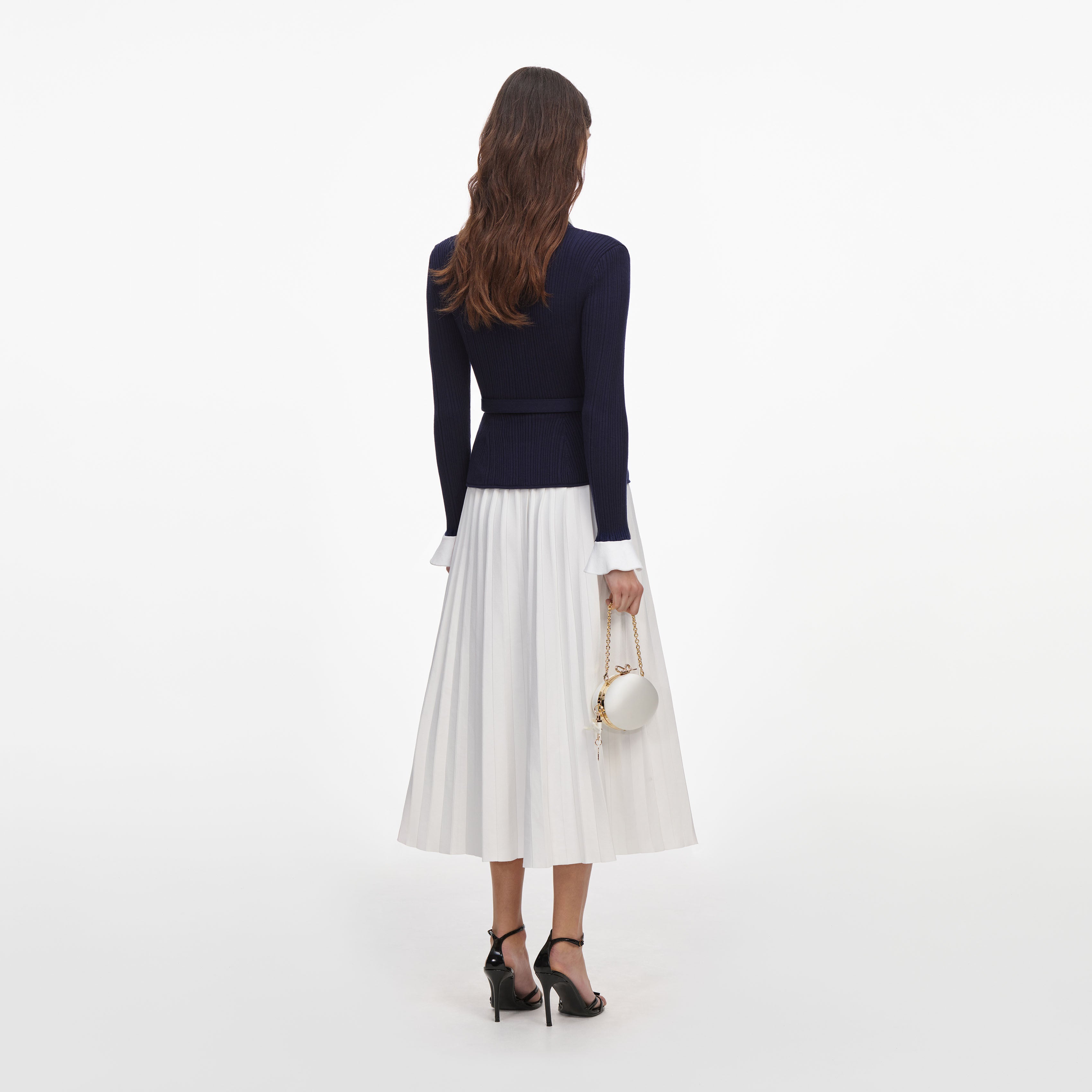 Self Portrait Navy Ribbed Knit Contrast Midikleid navy Strick
