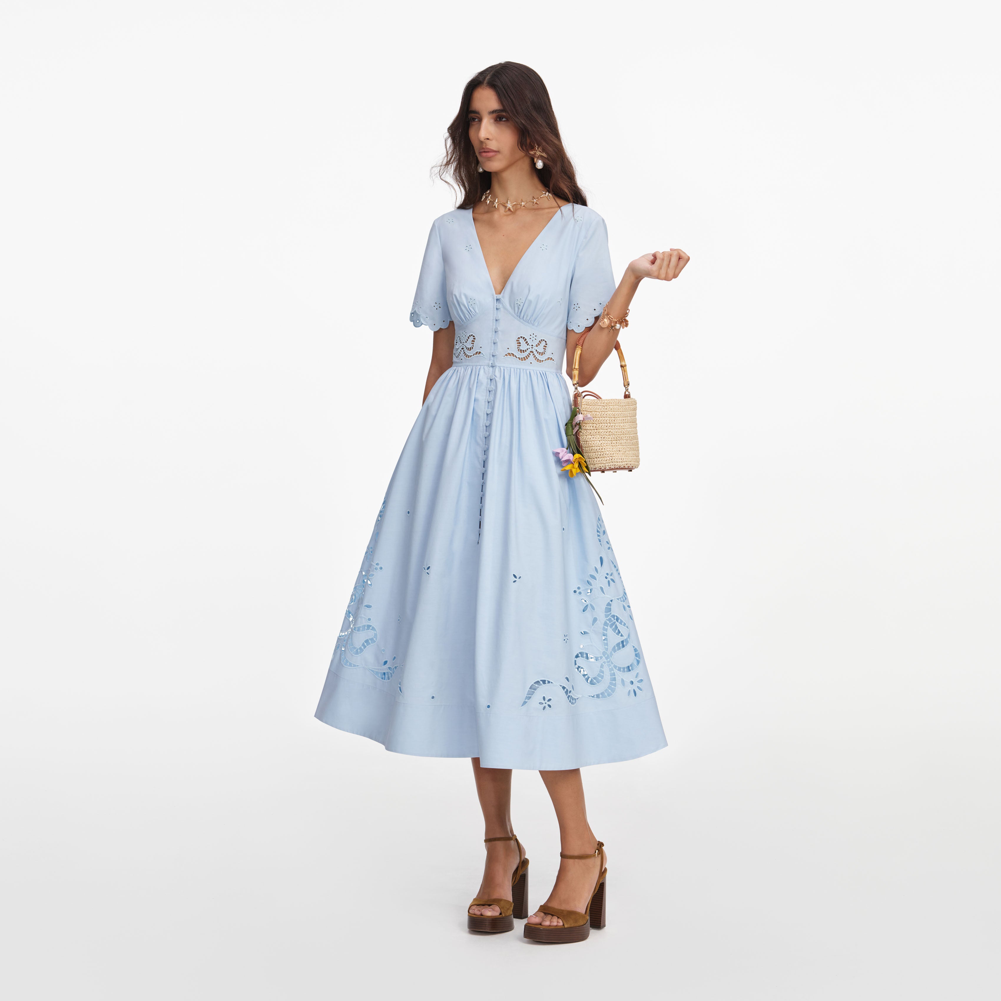Self Portrait Blue Cotton Midikleid Blau Baumwolle Stickerei