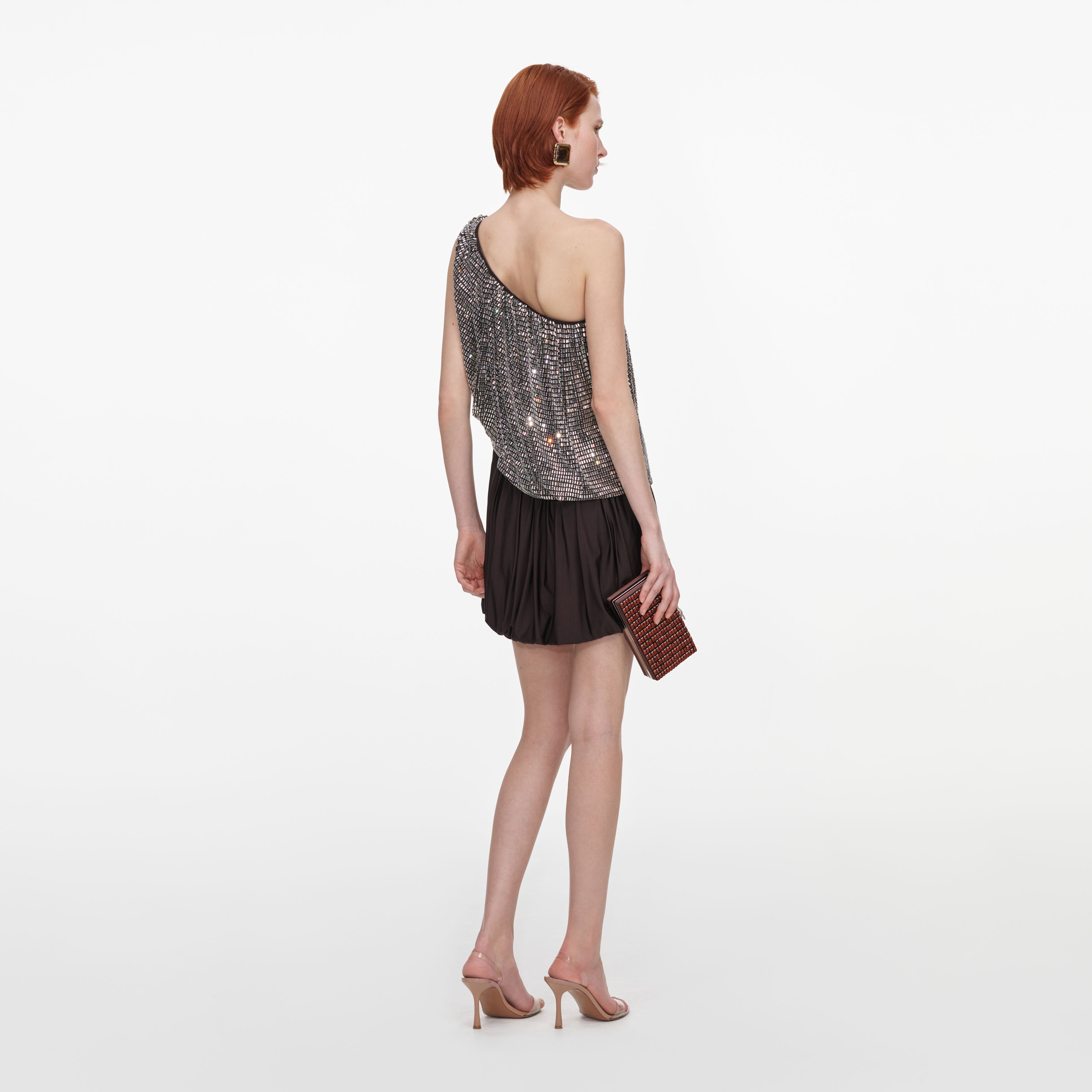 Self Portrait Rhinestone One Shoulder Drape Mini Kleid Braun UK 8