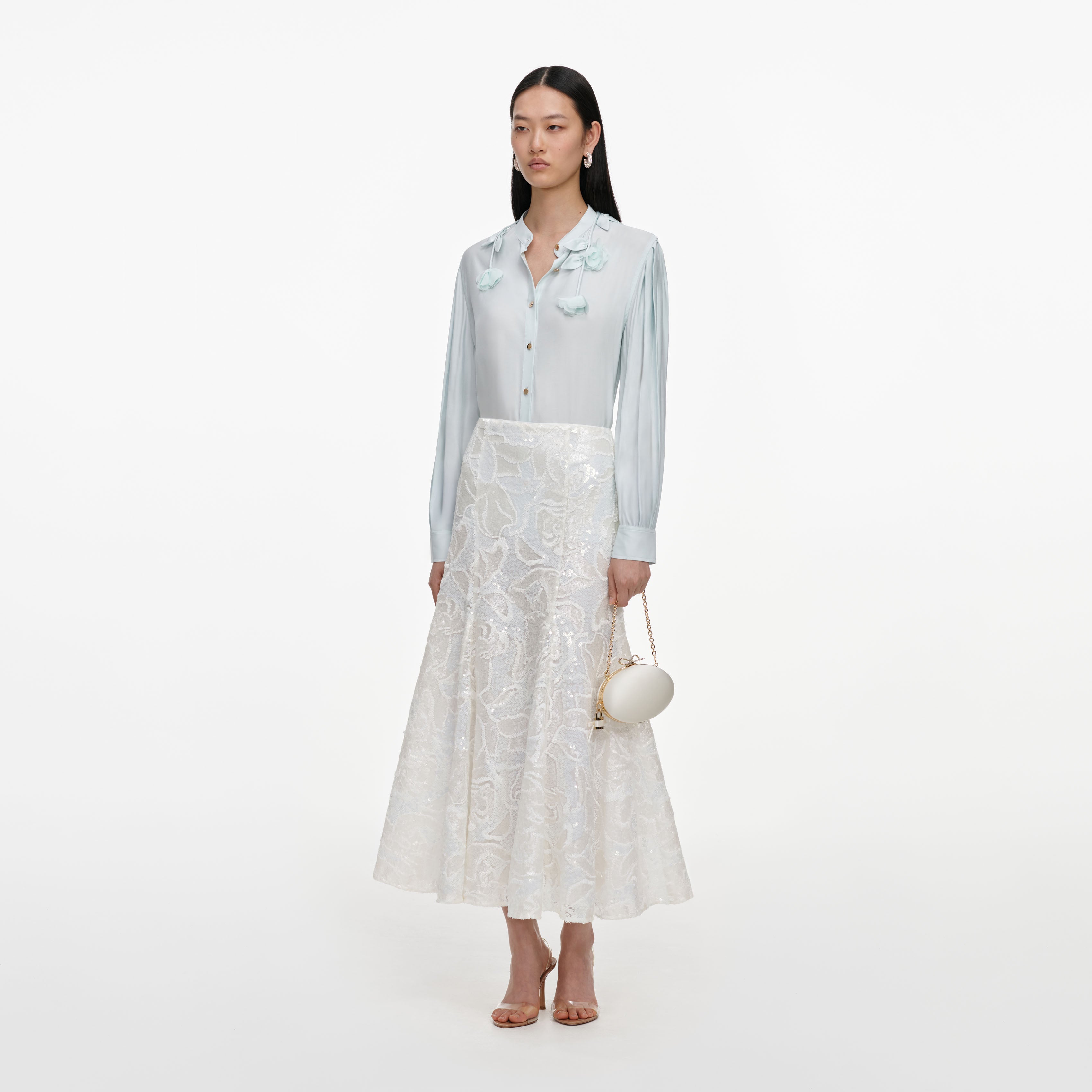 Self Portrait White Sequin Lace Midi Rock Weiß Pailletten UK 6