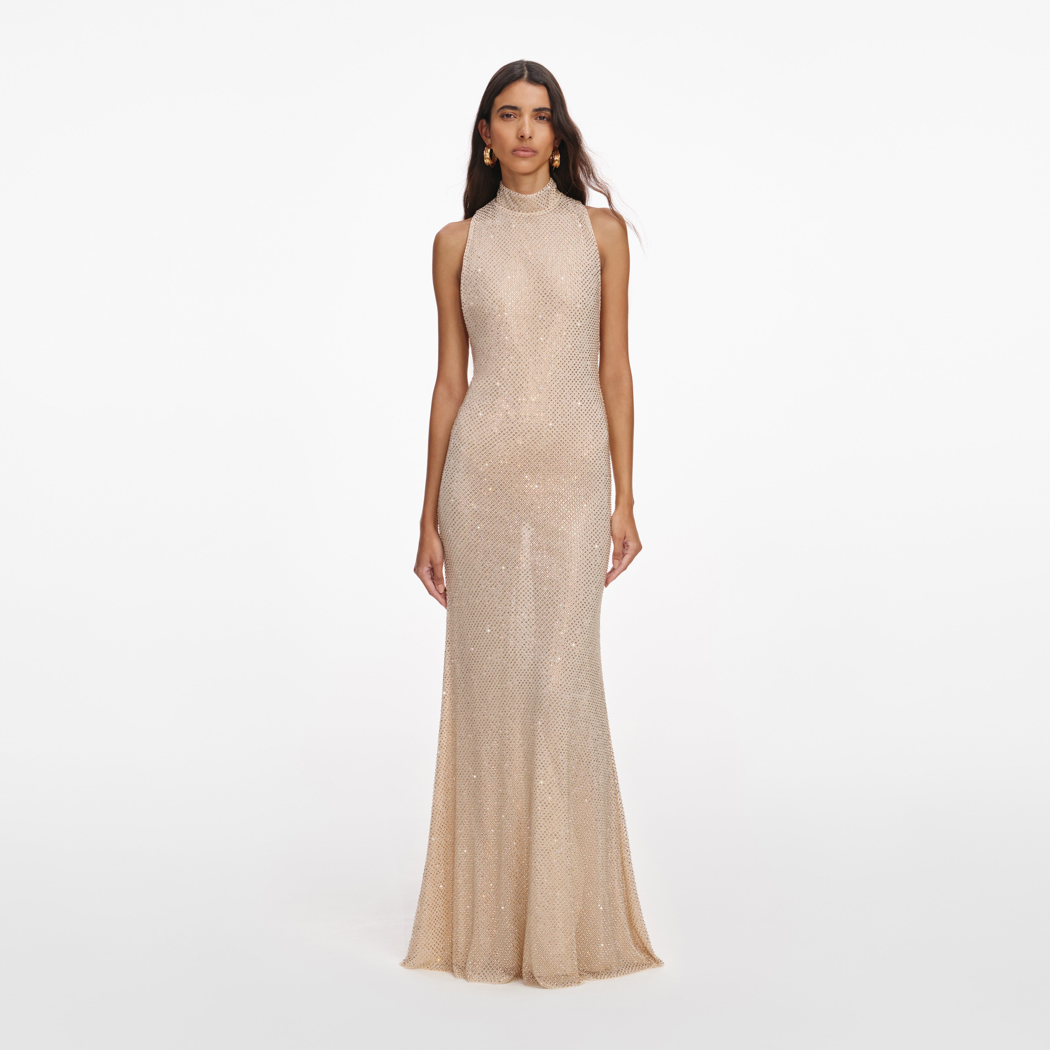 Self Portrait Champagne Rhinestone Maxi Kleid champagner