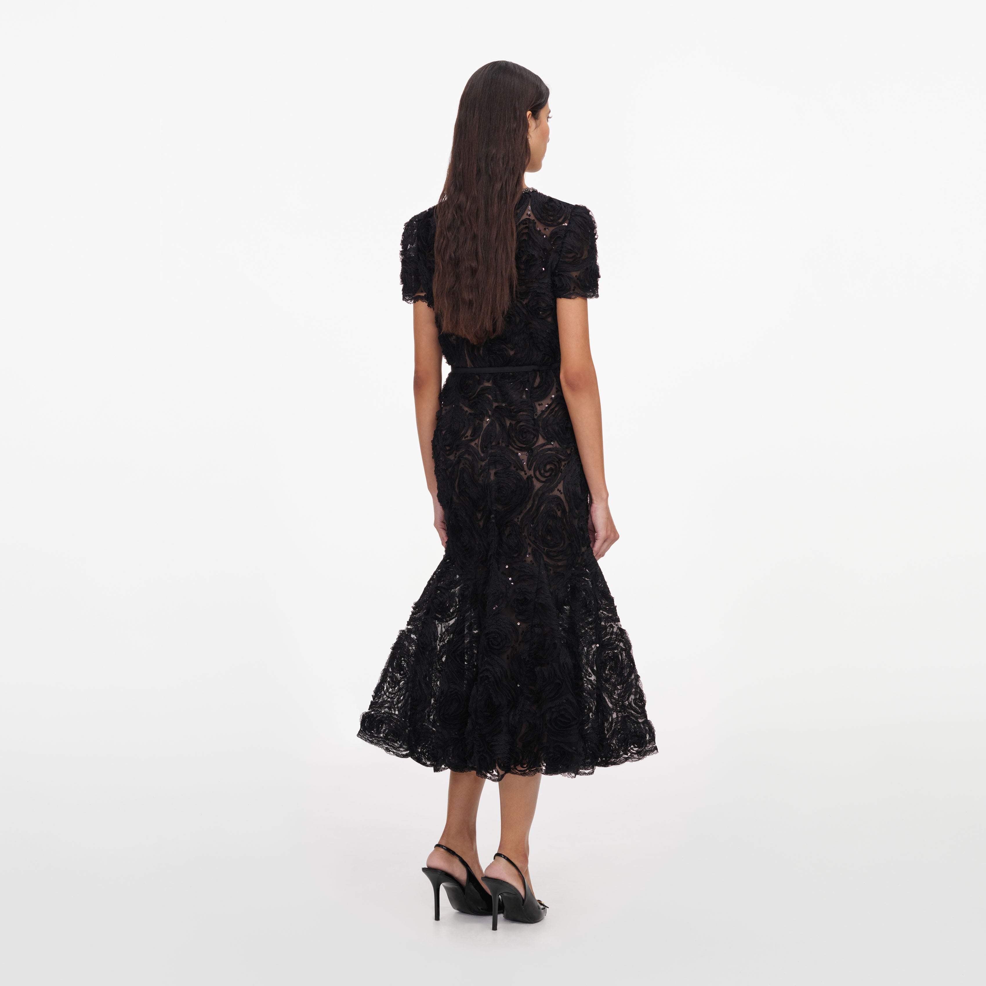 Self Portrait Kleid Schwarz Tüll Spitze Midi Pailletten