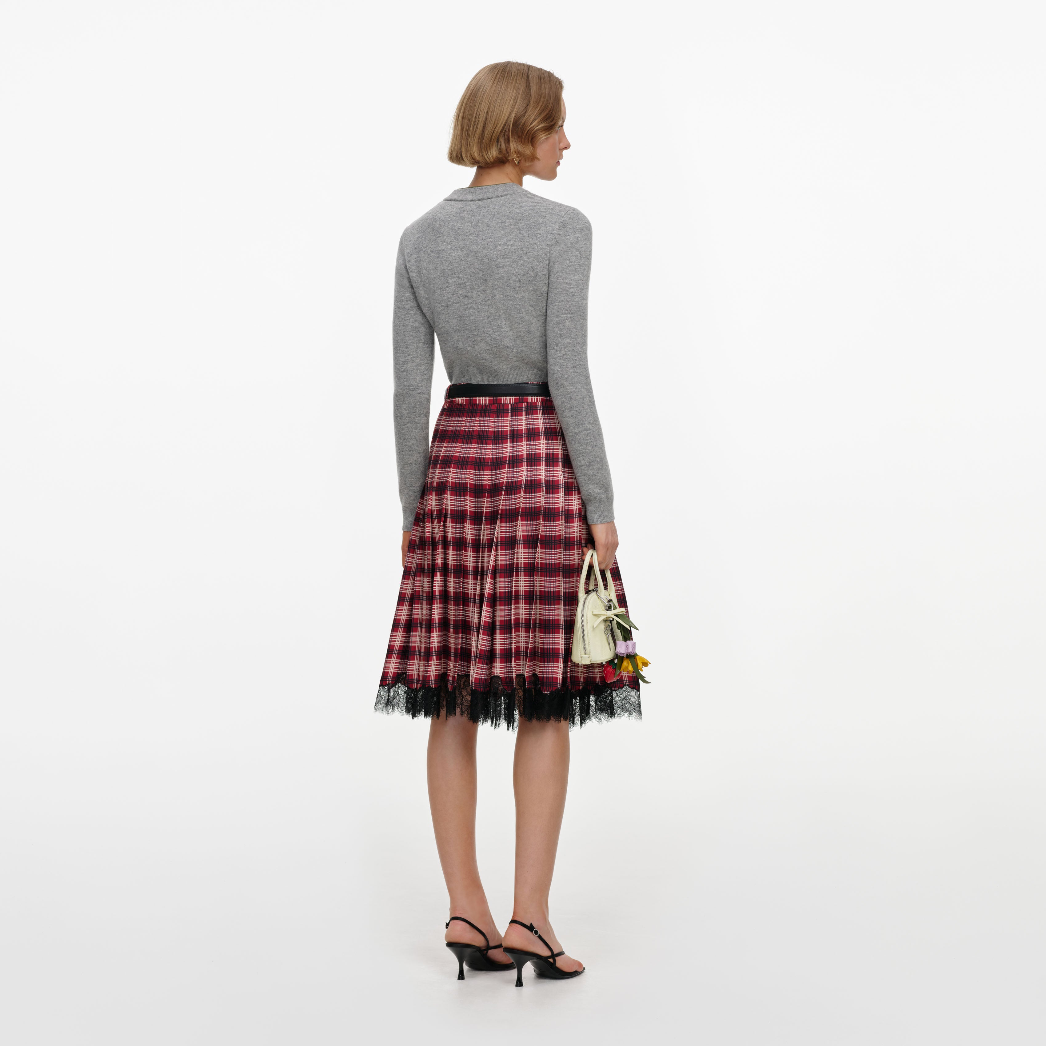 Self Portrait Check Chiffon Midi Rock Bordeaux Karo UK 8