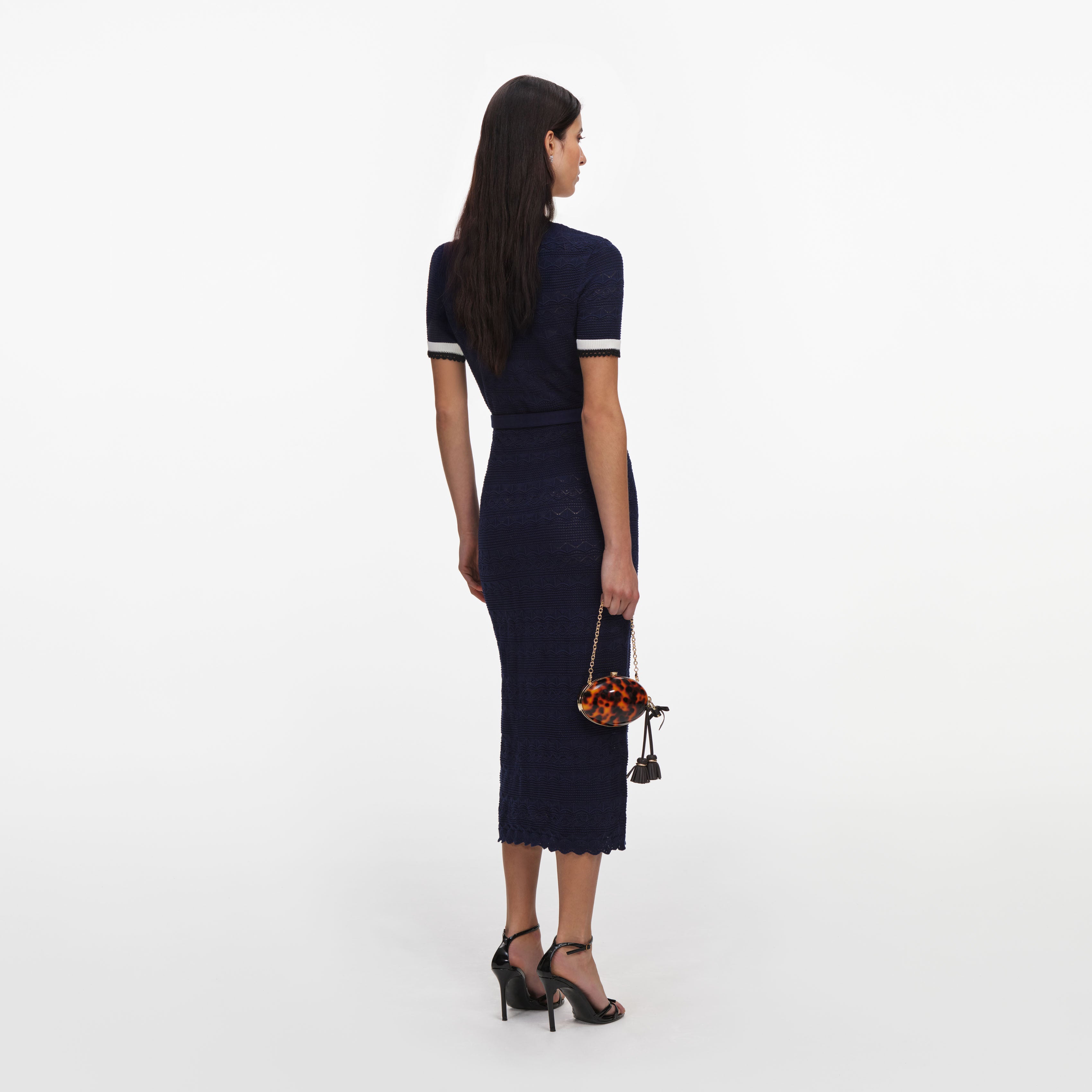 Self Portrait Navy Pointelle Knit Midi Kleid mit Schleife