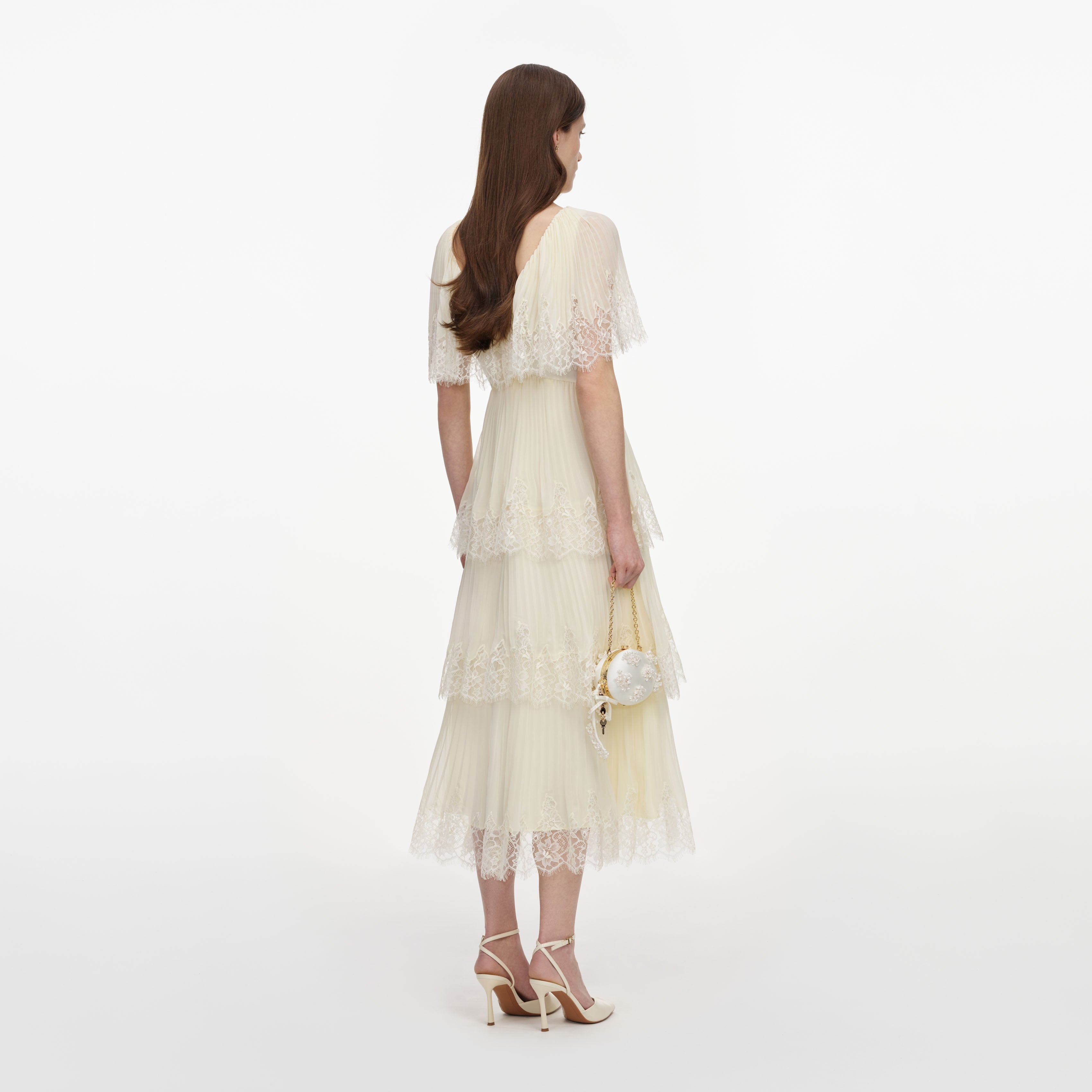Self Portrait Chiffon Tiered Midi Kleid Gelb mit Spitze