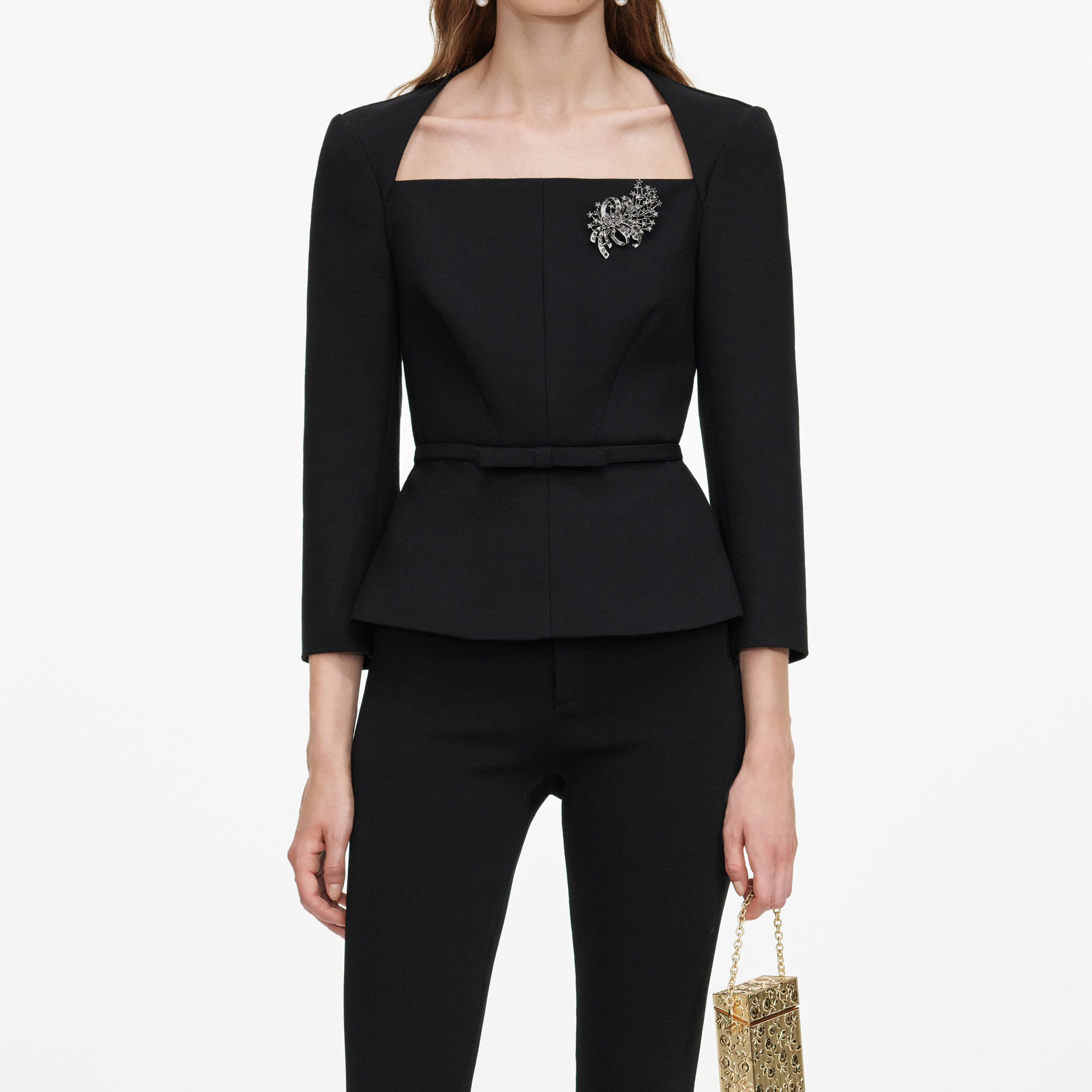 Self Portrait Black Tailored Brooch Top schwarz Wolle Brosche
