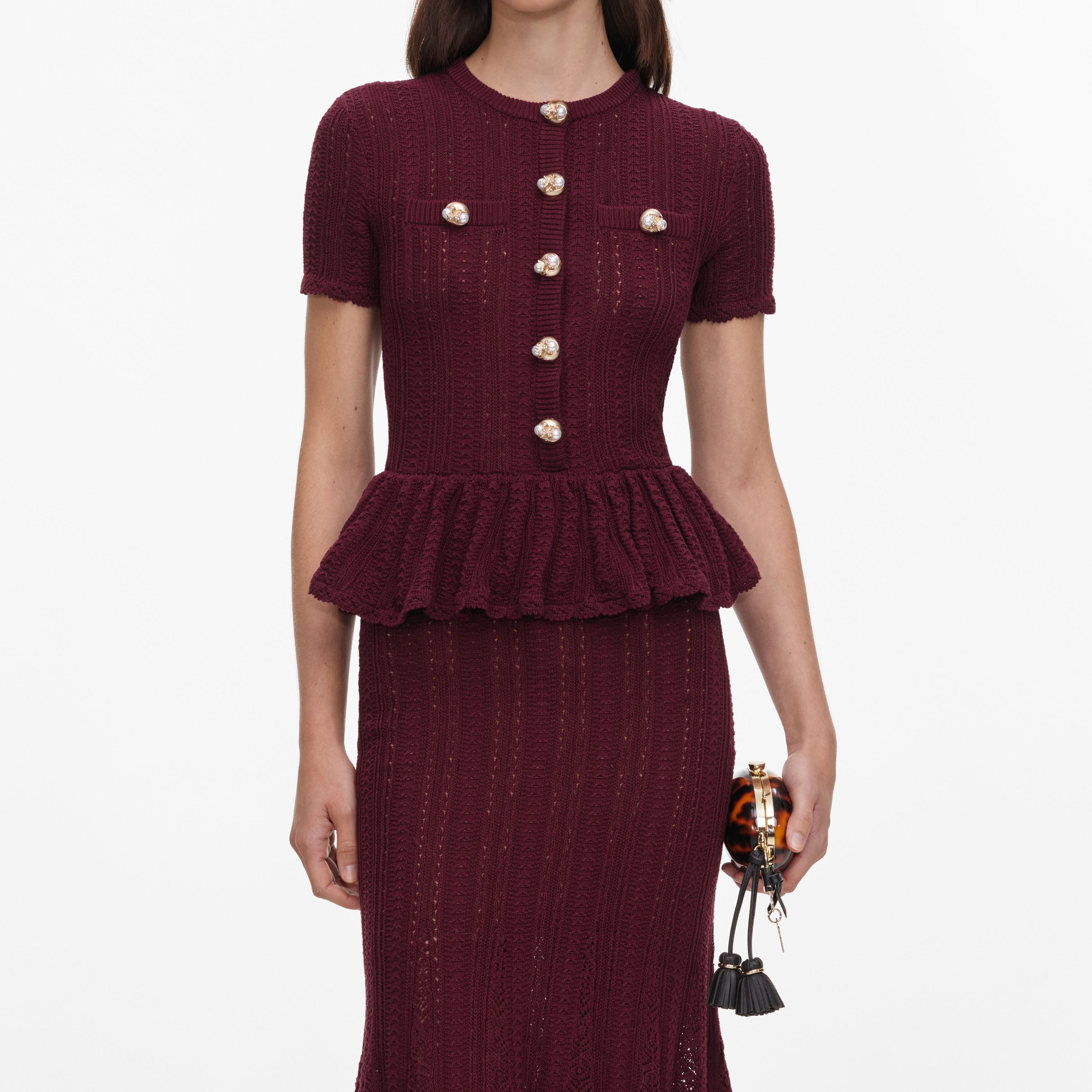 Self Portrait Burgundy Pointelle Midikleid Bordeaux Strick