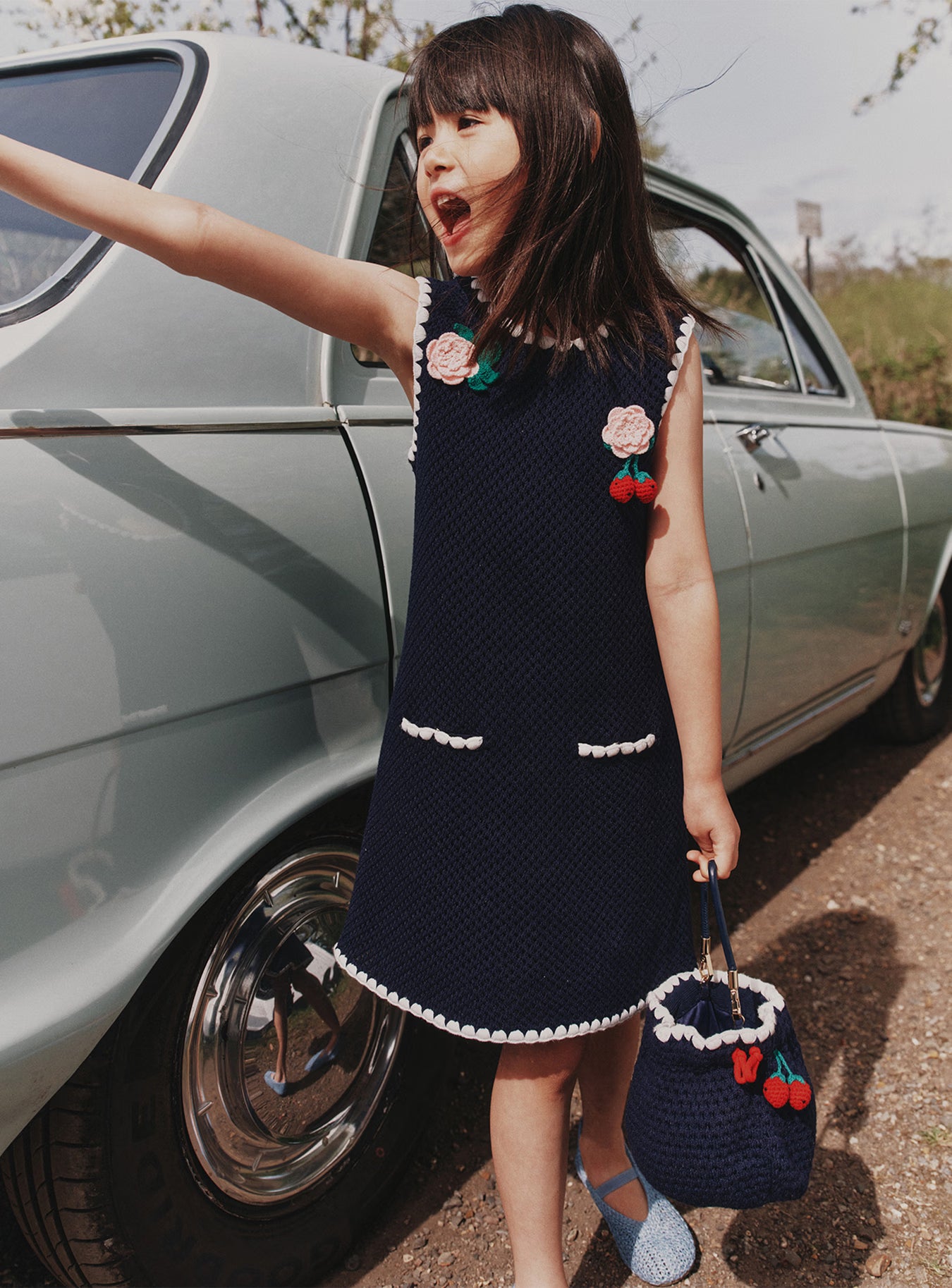 Self Portrait Navy Crochet Knitted Kleid Kinder Navy Baumwolle