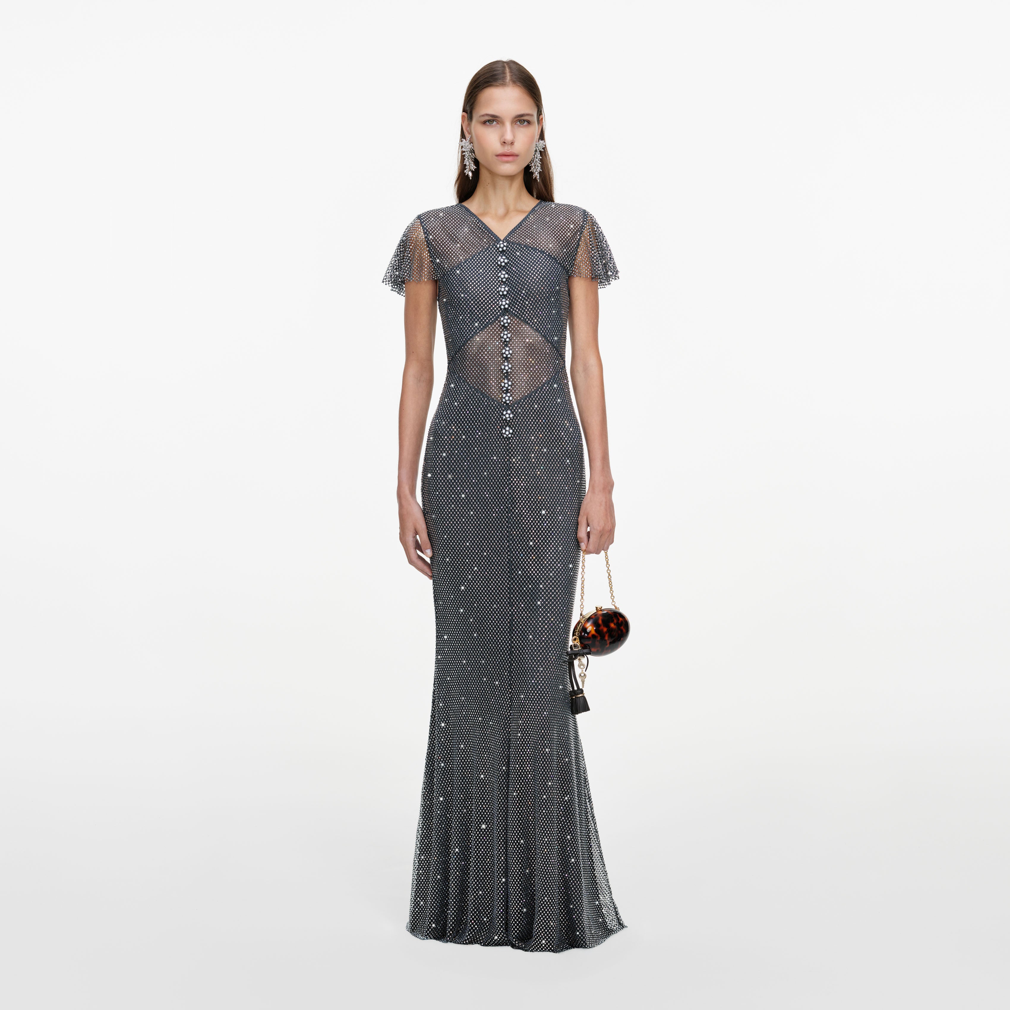 Self Portrait Grey Rhinestone Fishnet Maxi Dress Kleid UK6