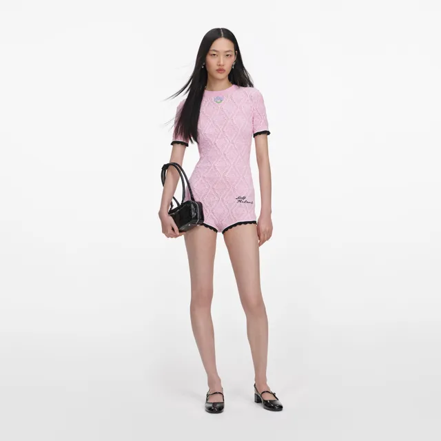Self Portrait Pointelle Playsuit Rosa Strick Stickerei