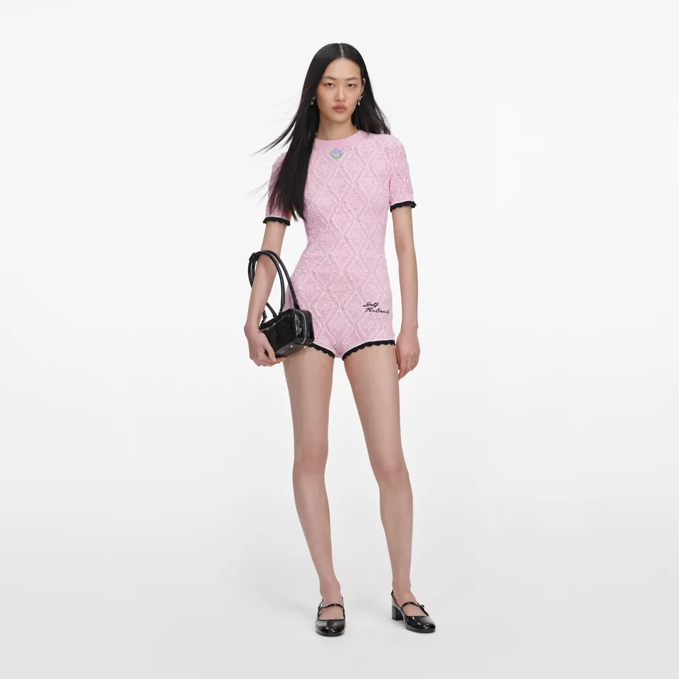 Self Portrait Pointelle Playsuit Rosa Strick Stickerei
