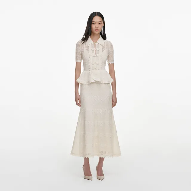 Self Portrait Cream Pointelle Knit Wrap Midi Kleid Creme