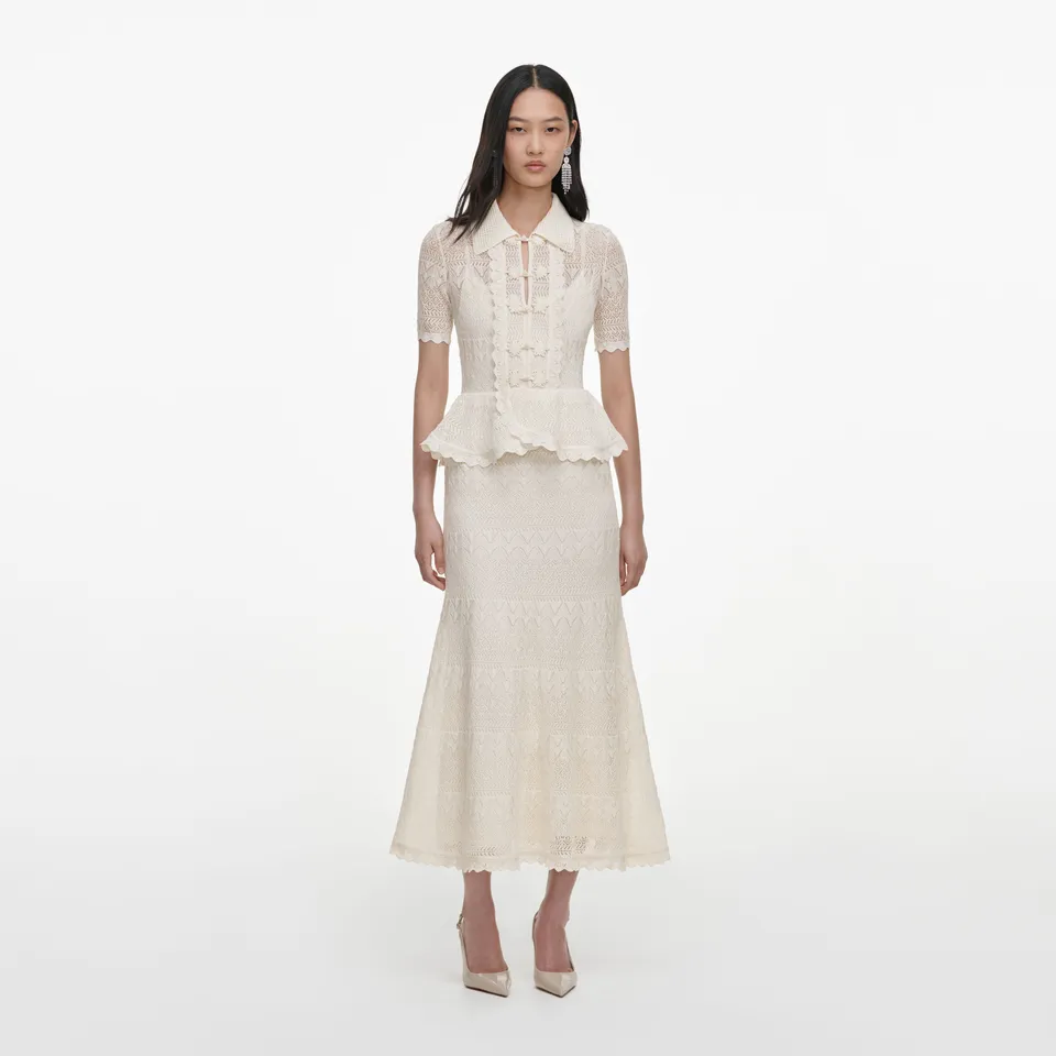 Self Portrait Cream Pointelle Knit Wrap Midi Kleid Creme