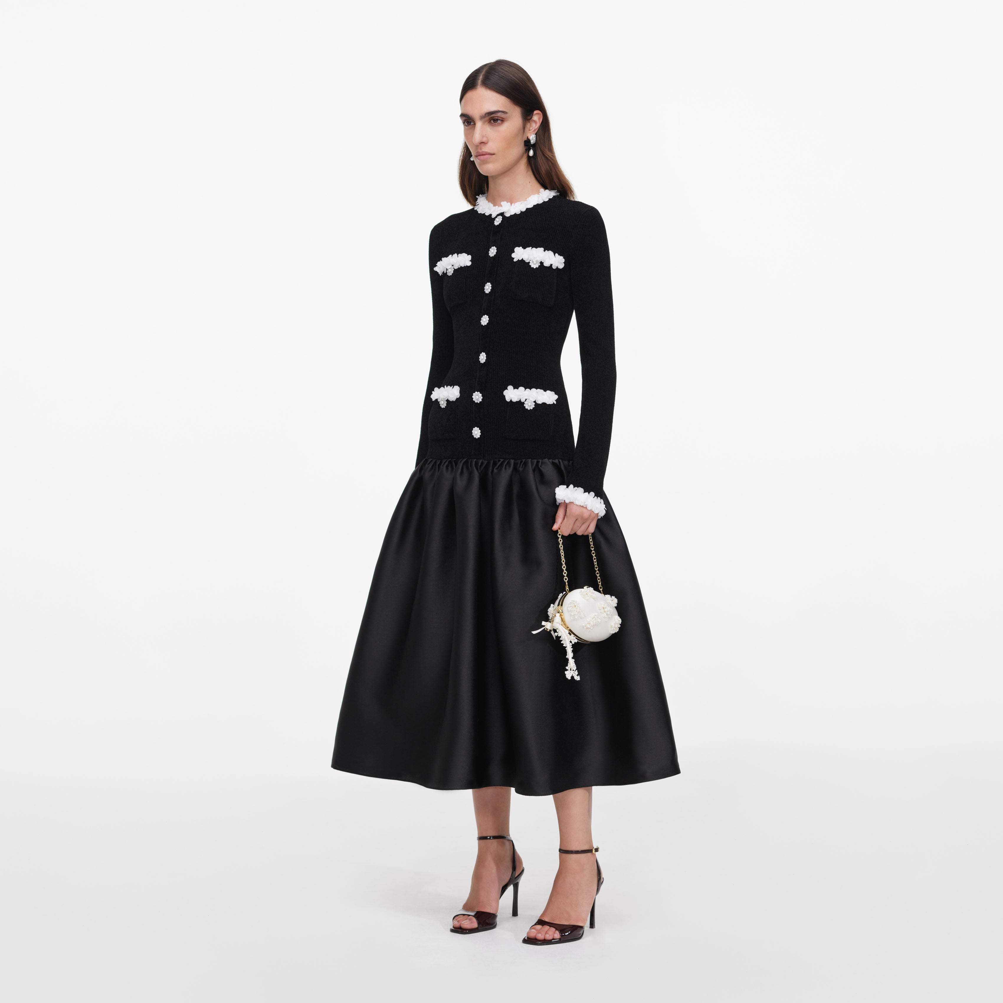 Self Portrait Black Chenille Taffeta Midi Kleid Schwarz