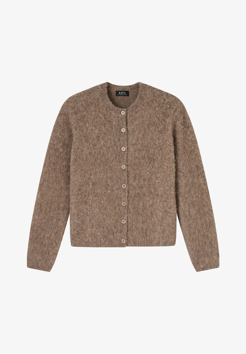 A.P.C. Cardigan Taupe Alpakawolle Rundhals Knöpfe