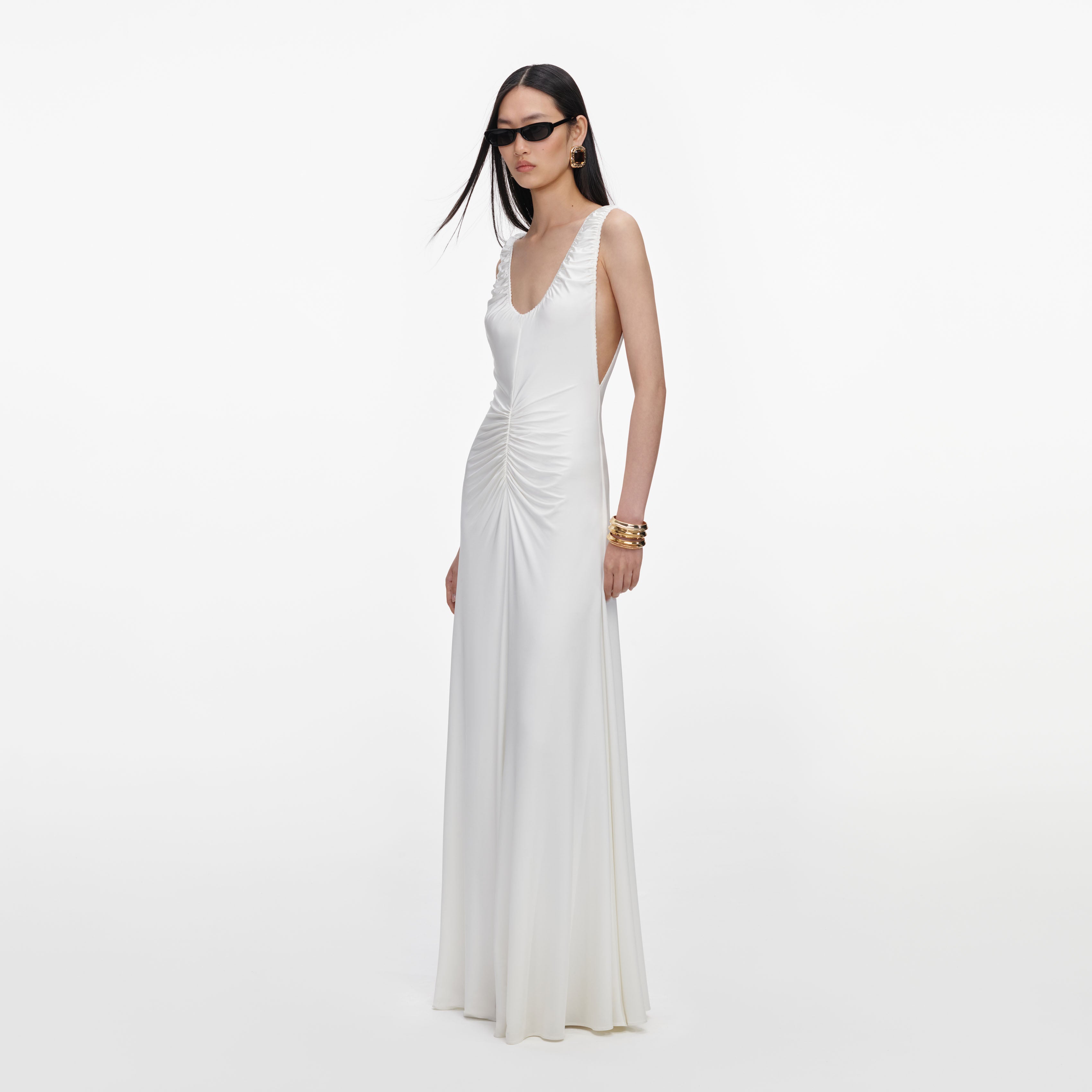 Self Portrait White Jersey Ruched Maxi Kleid UK 8 Weiß