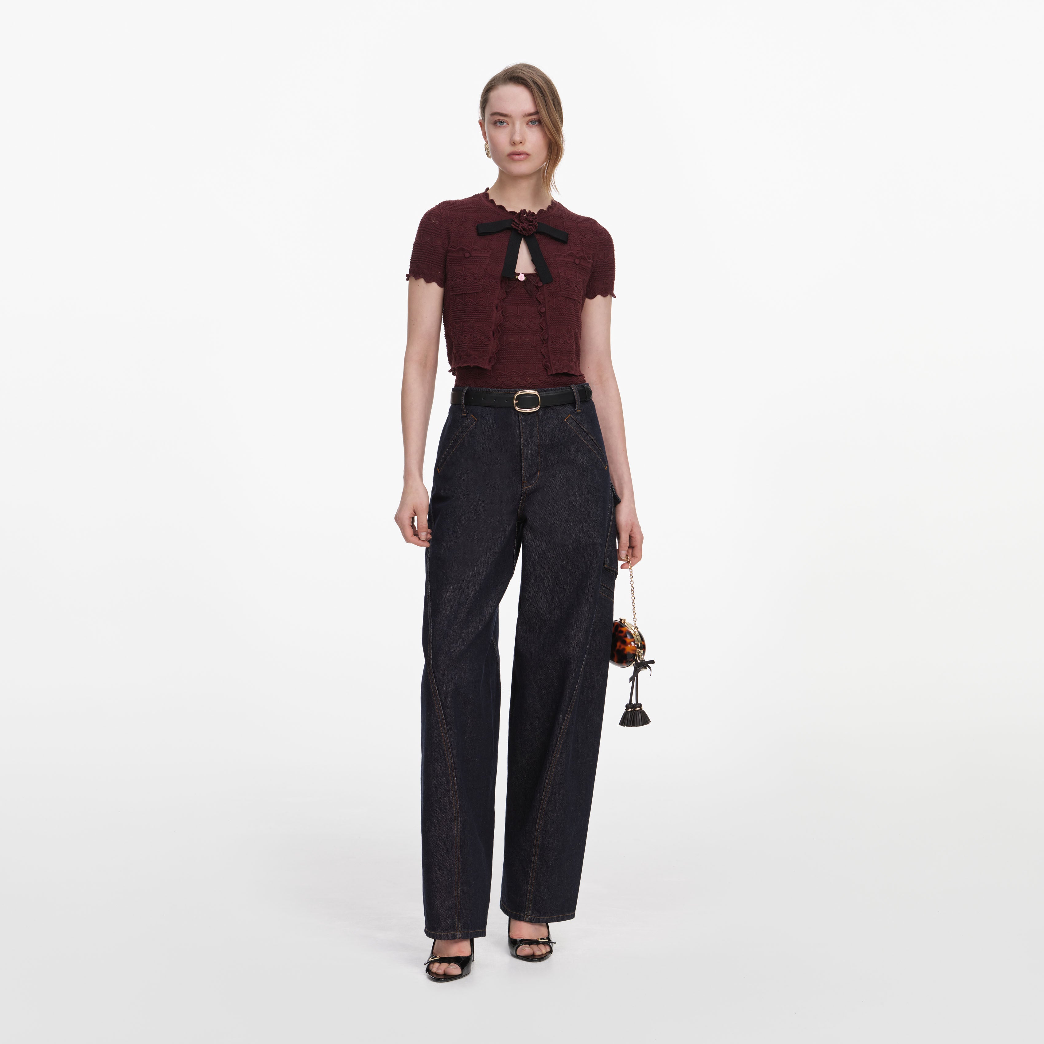 Self Portrait Brown Pointelle Knit Top Cropped Schleife