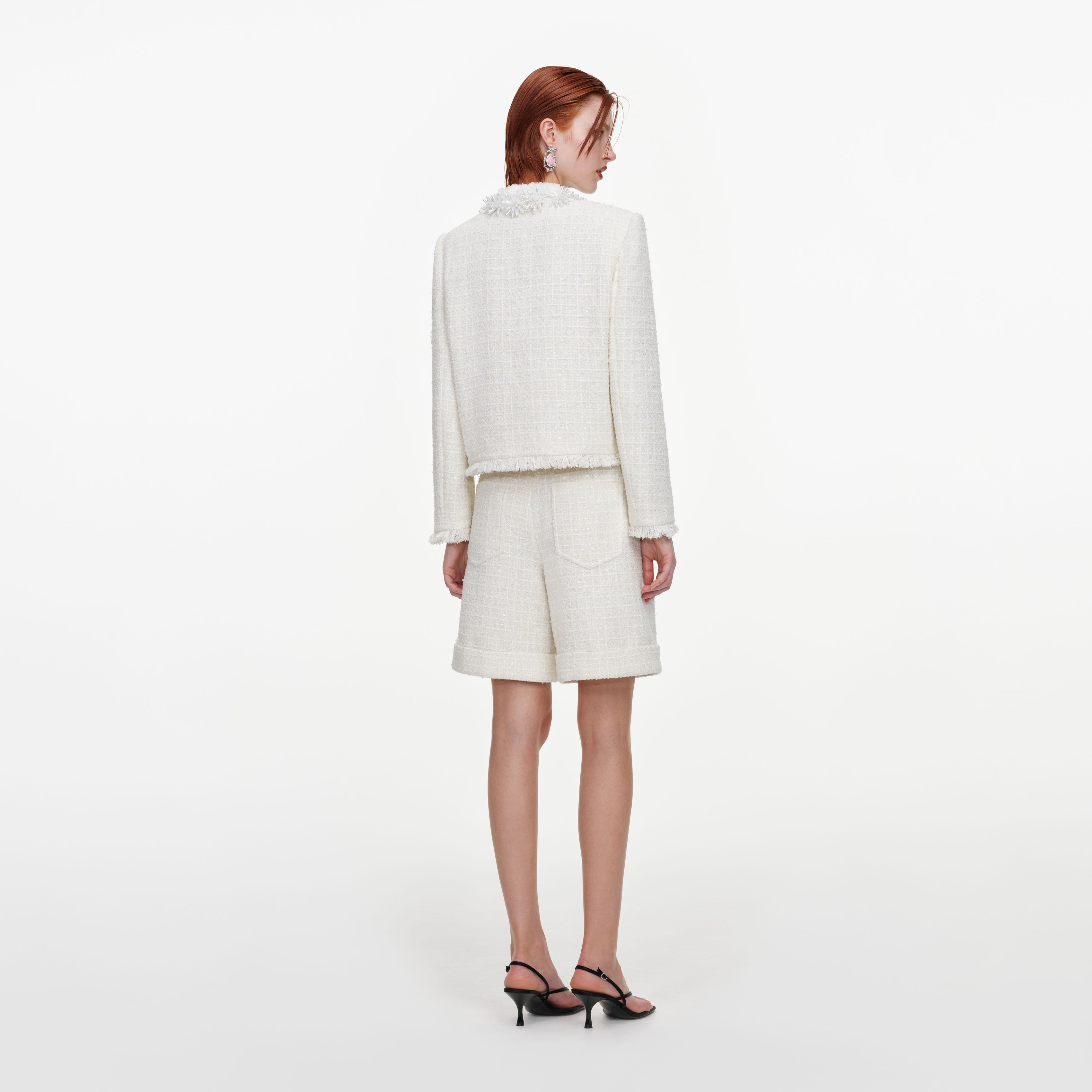 Self Portrait Cream Sequin Boucle Pearl Jacke Creme